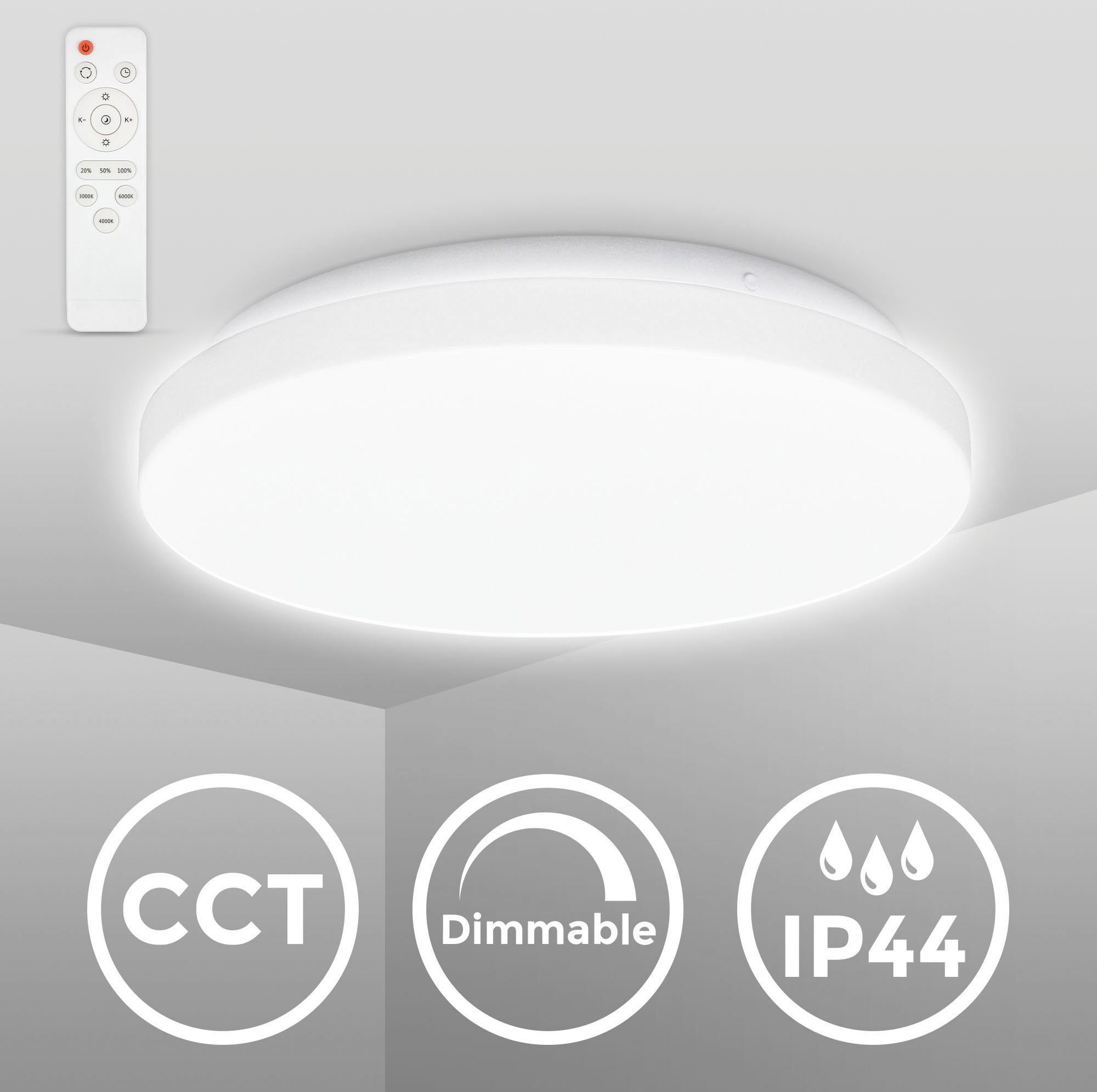 LED CCT-LED Badleuchte CCT Farbtemperatursteuerung B.K.Licht BK_DL1526 über integriert, Ø28,8cm, Dimmbar, Bad-Deckenlampe, fest (3000K-6500K) - Deckenleuchte Fernbedienung, IP44, mit 12W Fernbedienung, LED