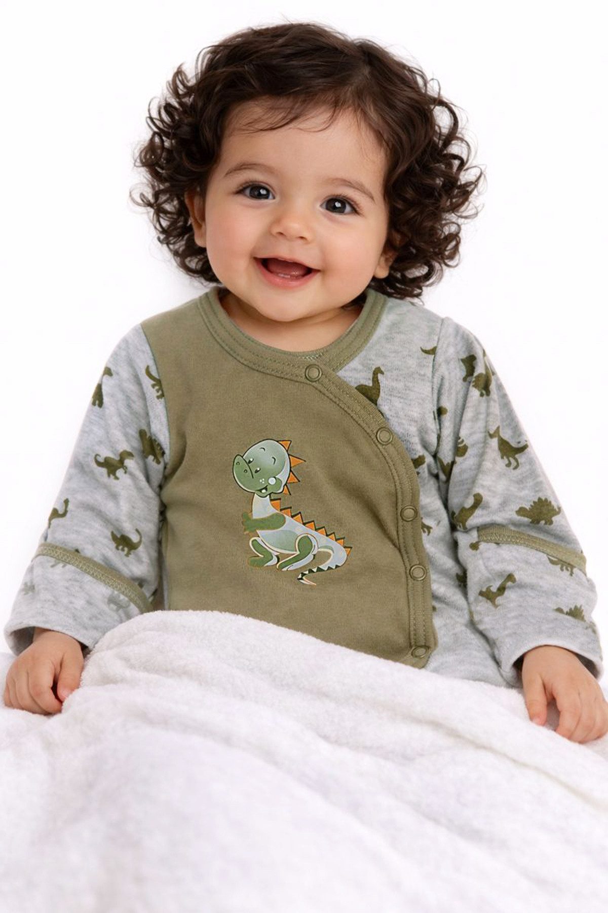 La Bortini Wickelbody Baby Body in Khaki mit Dino Aufdruck Langarmbody aus reiner Baumwolle, 44 50 56 62 68 74 80 86 92 98 104 110