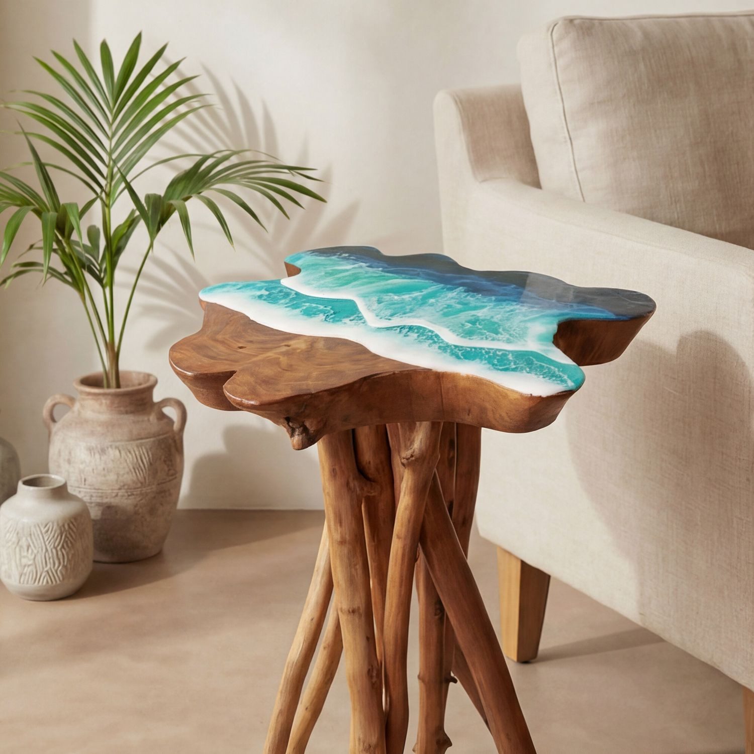 Licht-Erlebnisse Beistelltisch BALI, Baumscheibe B: 45 cm Holz Epoxidharz Meer Design Handarbeit Unikat