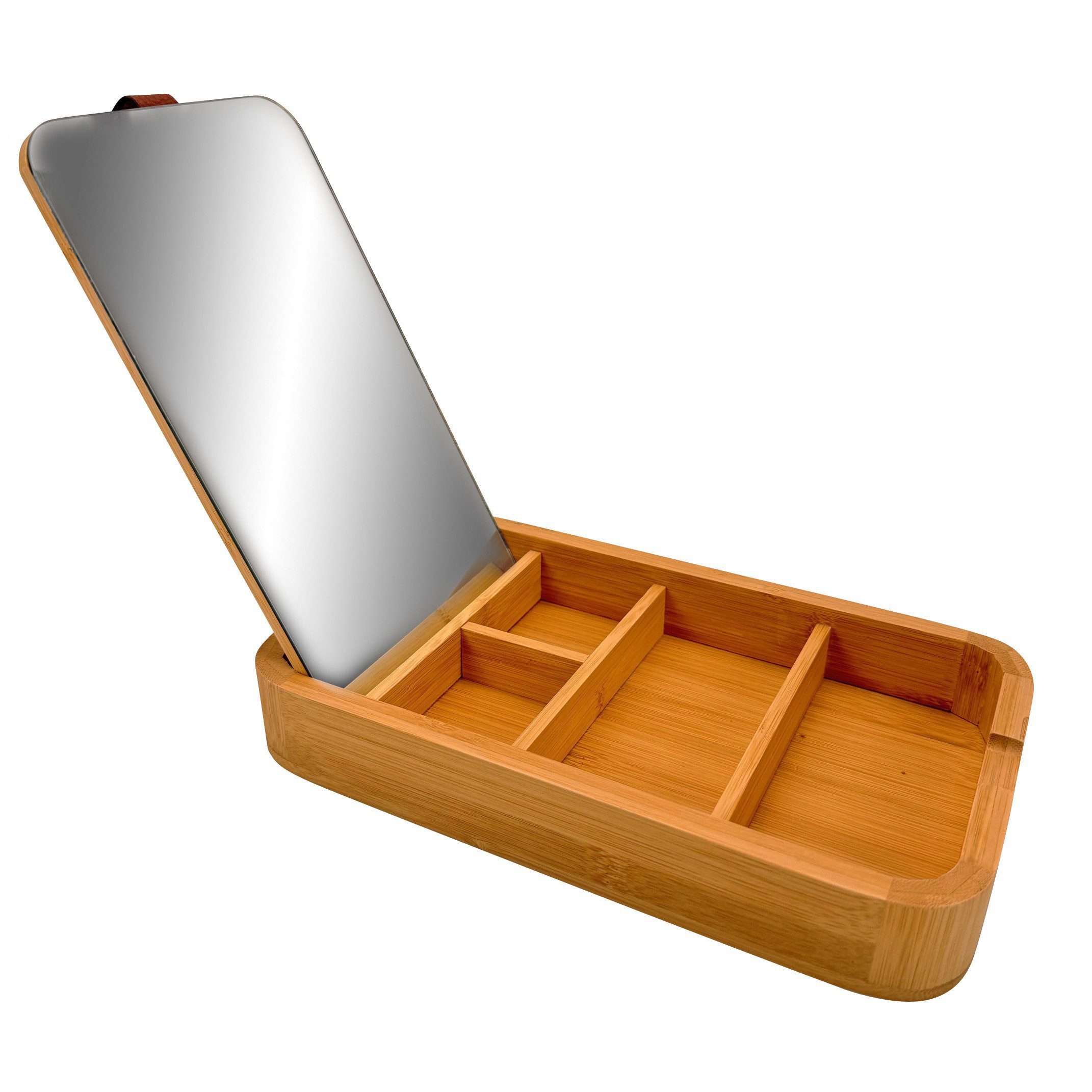 Online-Fuchs Schmuckkasten - kleine Aufbewahrungsbox, Schmuckkästchen aus Holz mit Spiegel (5 kleine Fächer sorgen für Ordnung), praktisch integrierter Spiegel