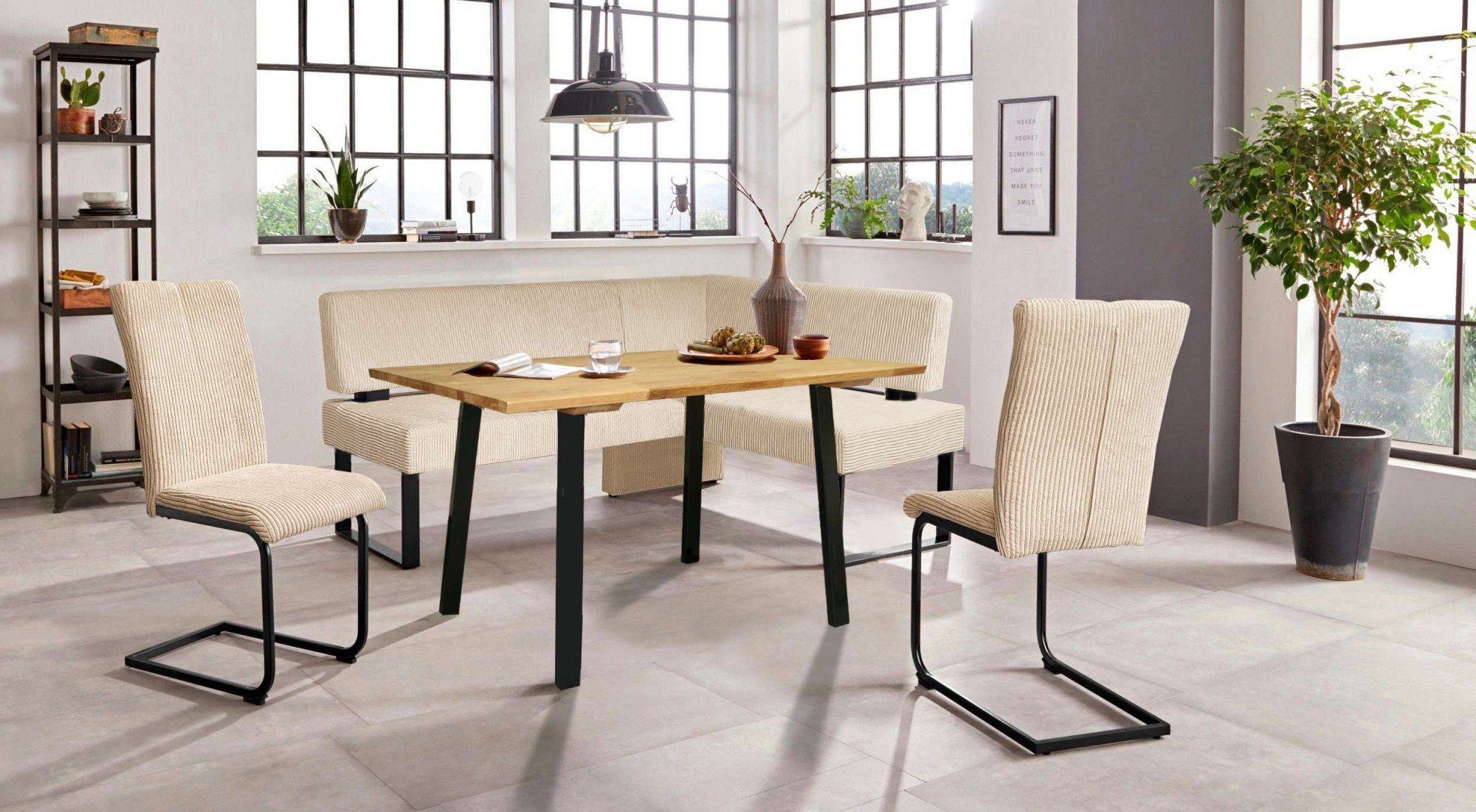 OTTO home Eckbankgruppe Oliver, (Set, 4-tlg., 4-tlg), Eckbank mit Wellenunterfederung im Sitz, Tisch Massiv Eiche