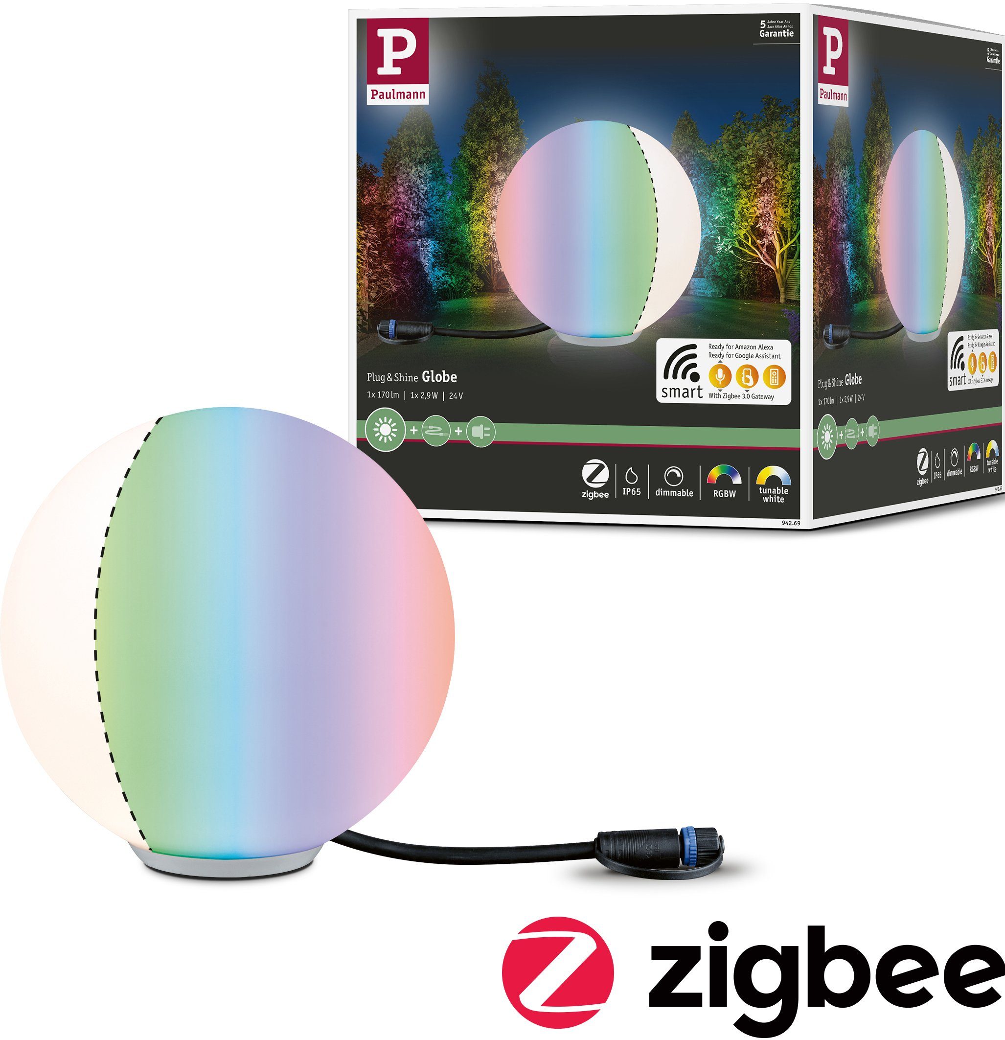 fest ZigBee & Plug IP67 & Warmweiß, LED integriert, RGBW Shine, Shine, Plug 24V Kugelleuchte LED Paulmann LED-Modul,