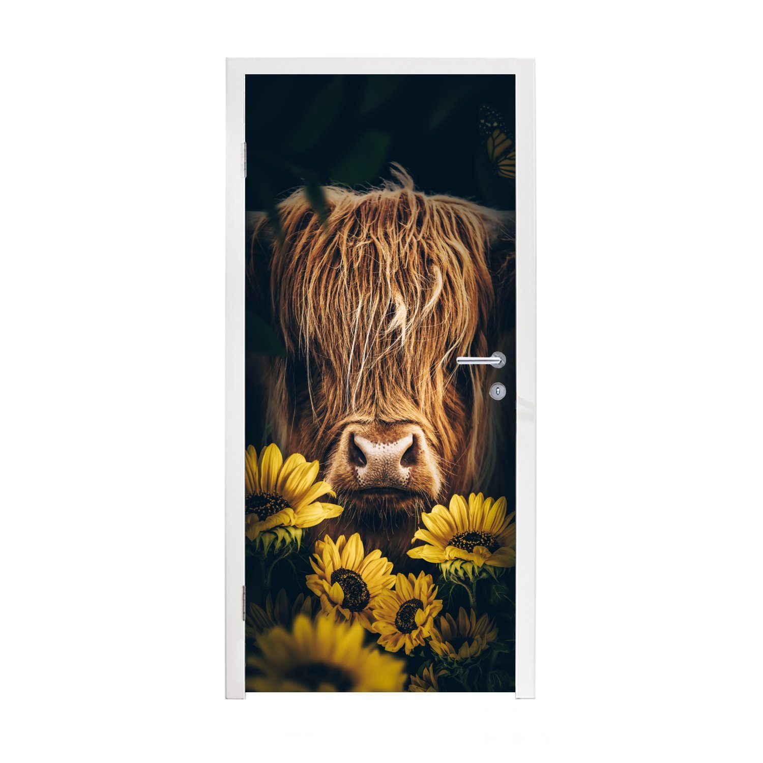 Tür, - - für Fototapete Schottische (1 Tiere, Türaufkleber, Türtapete Botanisch Matt, Kuh Highlander - St), cm Blumen bedruckt, - 75x205 MuchoWow