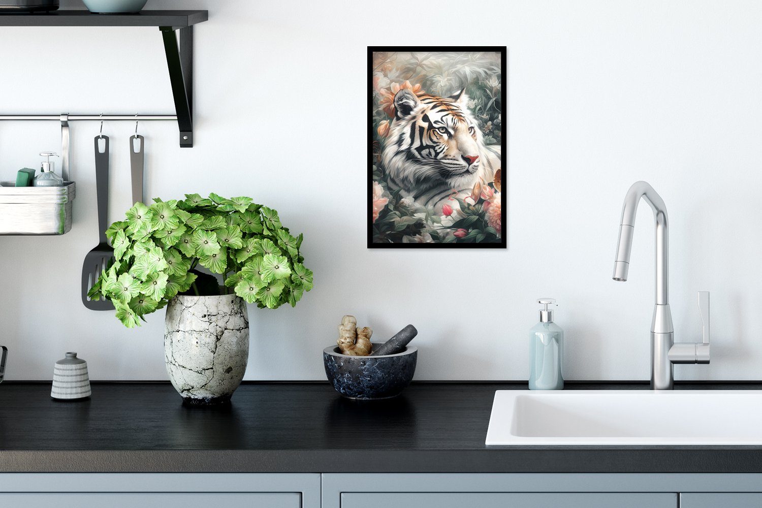 MuchoWow Wandposter, Bilderrahmen St), Wildtiere Dschungel, (1 Poster Gerahmtes Poster, - Schwarzem - Wanddeko, Bilder, - Blumen Tiger