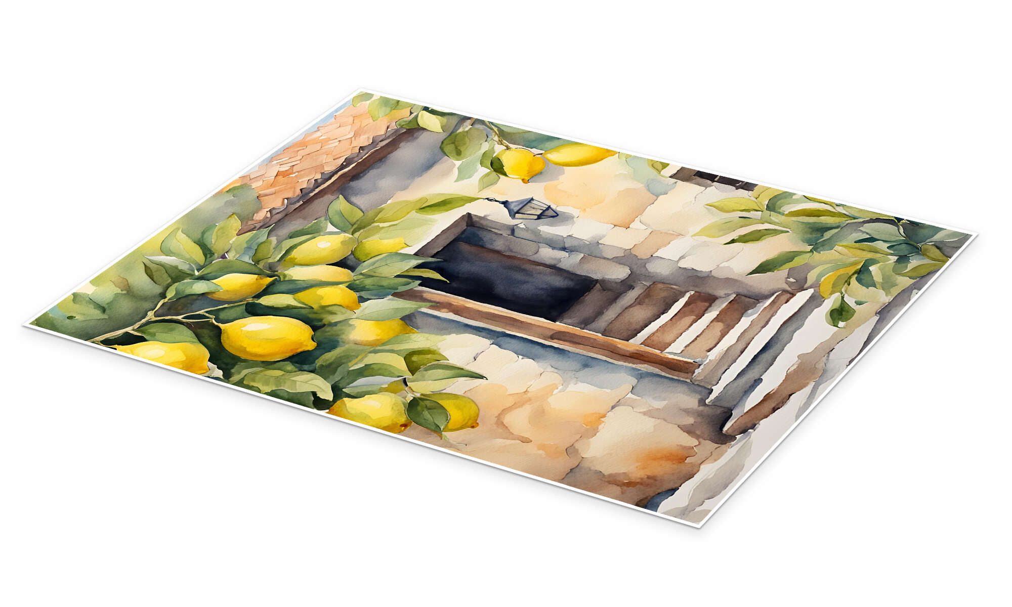 Posterlounge Wandbild Zitronenbaum vor Natursteinhaus, Ohkimiko, erhältlich als Poster, Leinwandbild, Wandsticker oder Acrylglasbild