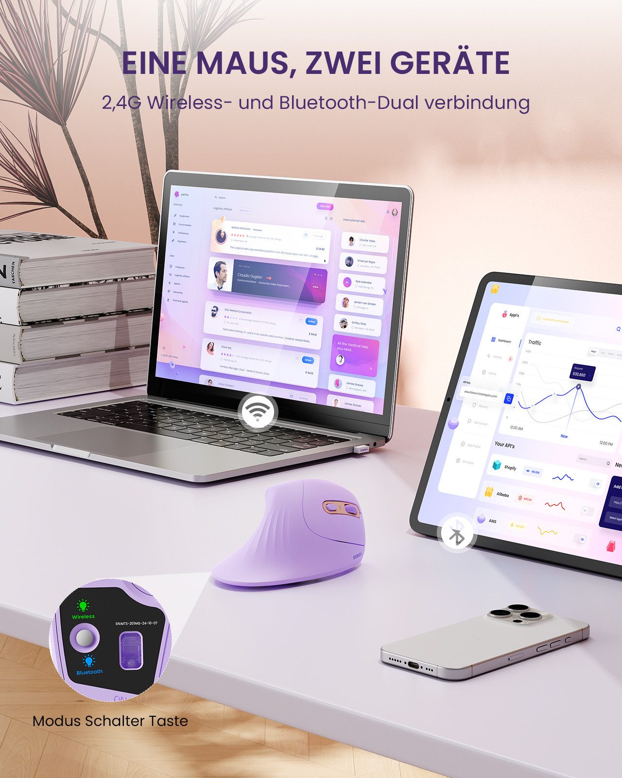 Seenda Ergonomische Maus - Bluetooth und USB Kabellos Maus (Bluetooth, Funk, BT4.0 & 2,4G) – Bild 4 von 5