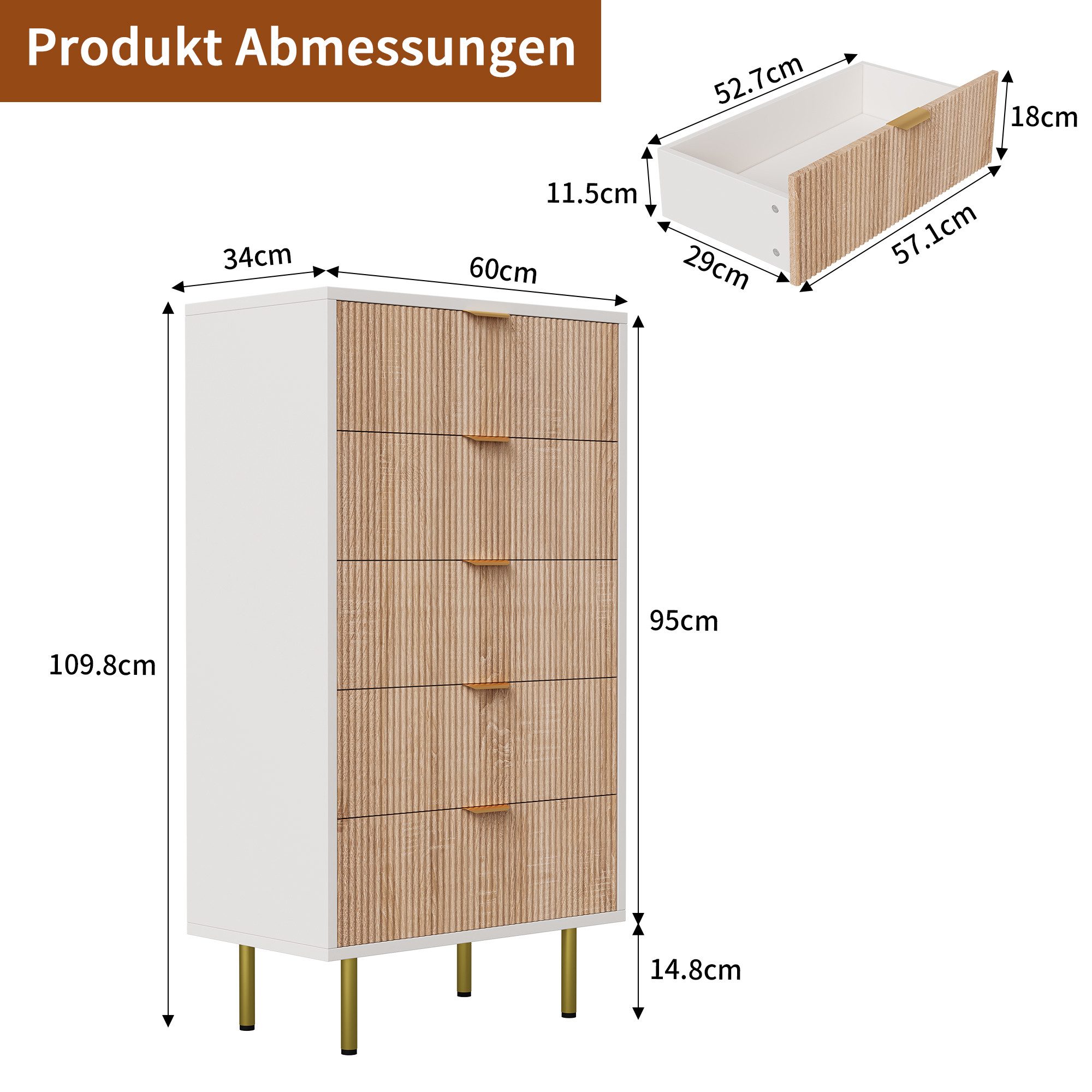Furnishings Home Kommode Mit 5 Schubladen (1 St., Anrichte Schlafzimmer Wohnzimmer Flur Büro Organizer), 60 cm breit Schrank mit Schubladen Sideboard Weiß