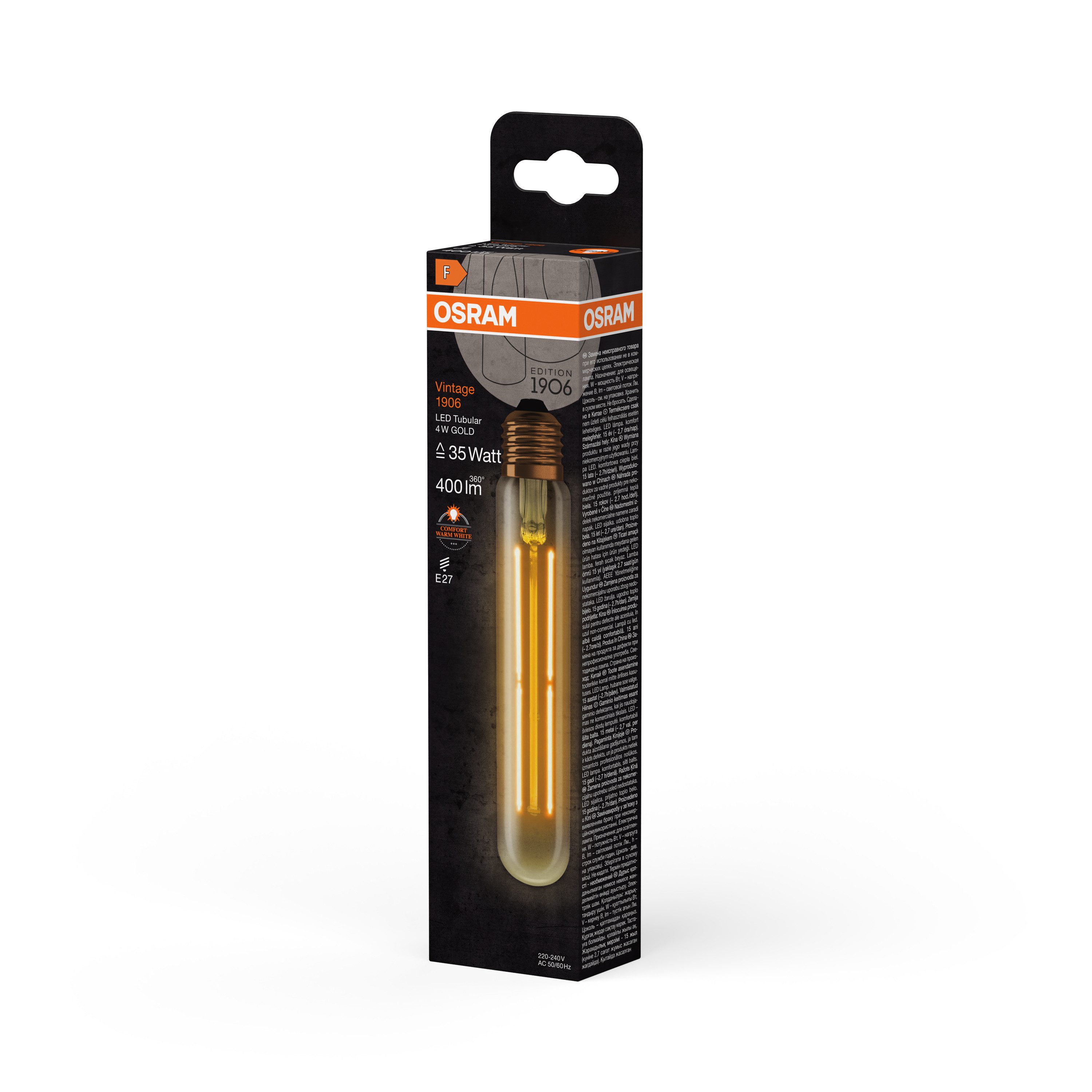 Ledvance LED-Leuchtmittel Vintage 1906 Tubular 35 Filament 4W 820 Gold E27, E27, 1 St., Warm Comfort Light, Geringerer Energieverbrauch als Glüh- oder Halogenlampen