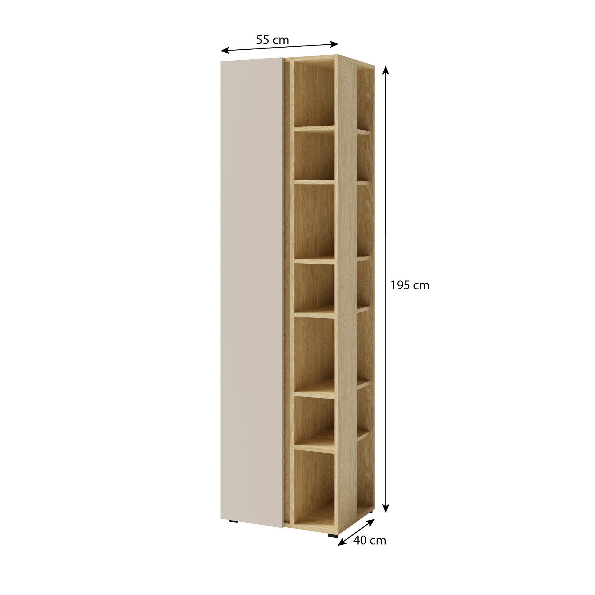 Beautysofa Bücherregal LICO 1 Tür 10 Einlegeböden, modern – wählbar in Sandbeige oder Eukalyptus, Regal 55x40x195 cm
