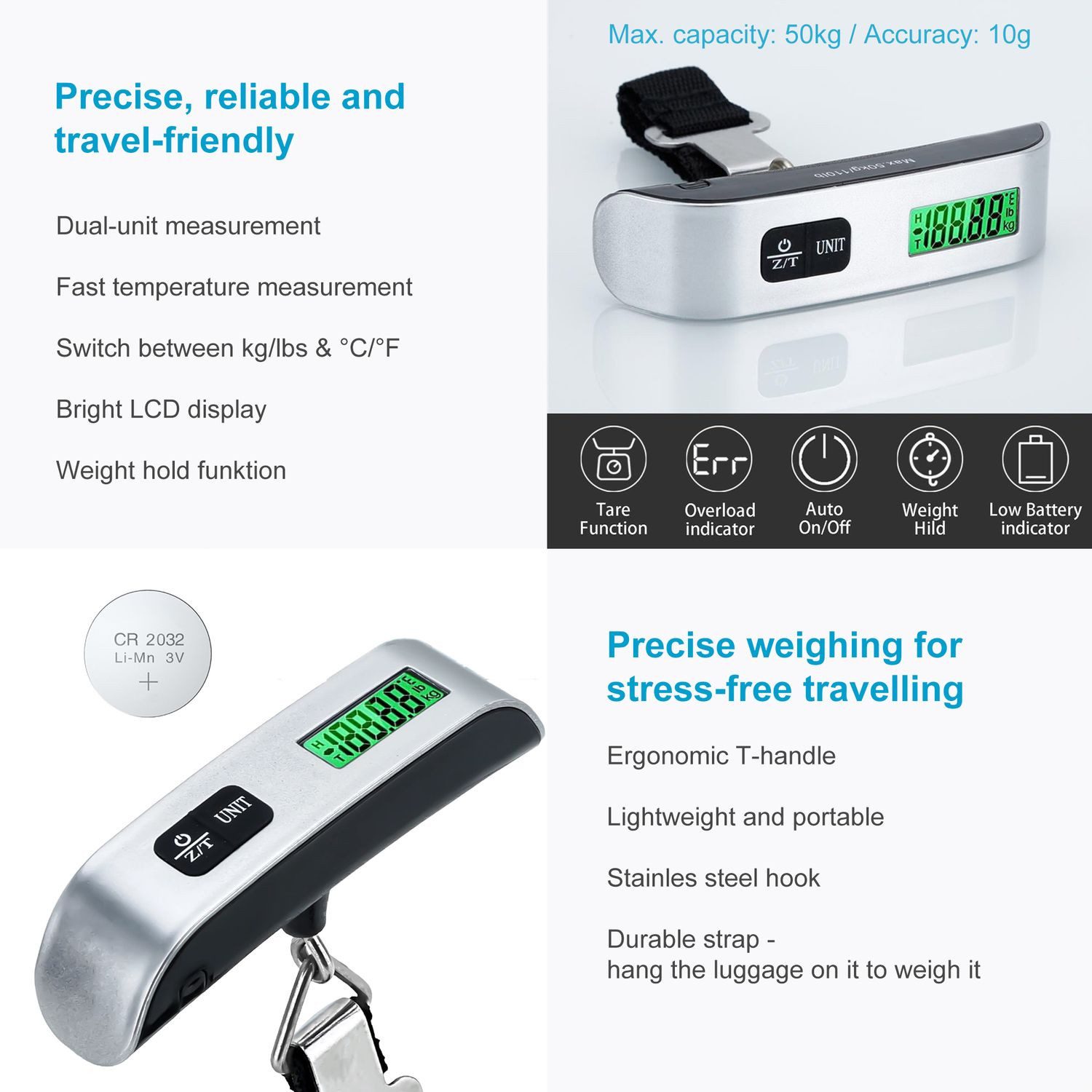 Intirilife Kofferwaage, Tragkraft 50 kg, (1-tlg), Digitale Kofferwaage Elektronische Gepäckwaage Handwaage