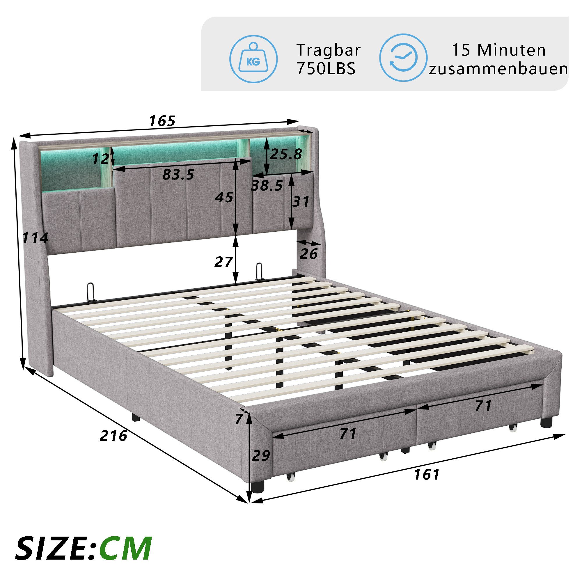 PXloue Polsterbett LED Doppelbett Stauraumbett, Ladefunktion, Lattnenrost, günstig online kaufen