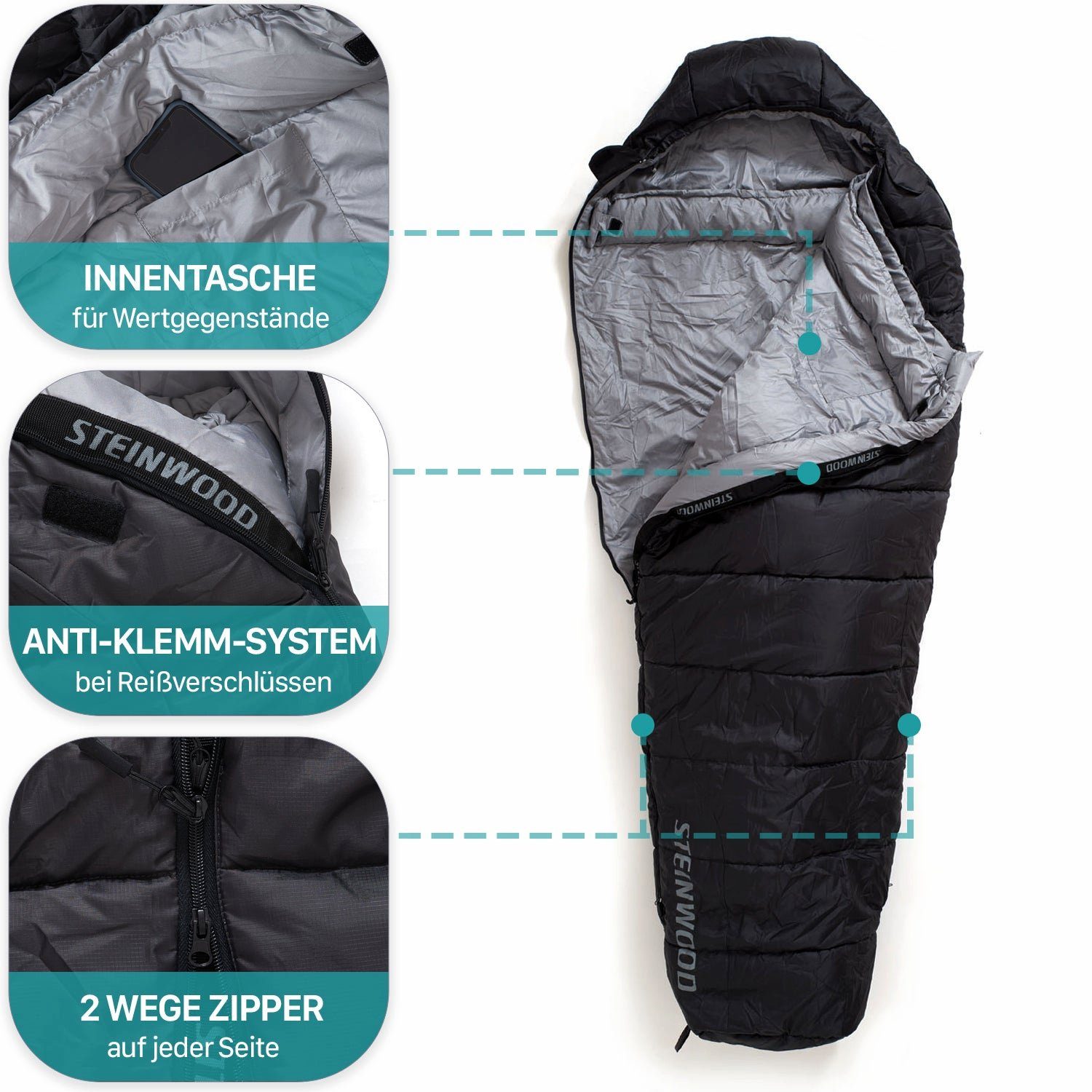 Steinwood Mumienschlafsack koppelbar extra breit 3-4 Season 210cm - Outdoor-Schlafsack, Mumien-S…
