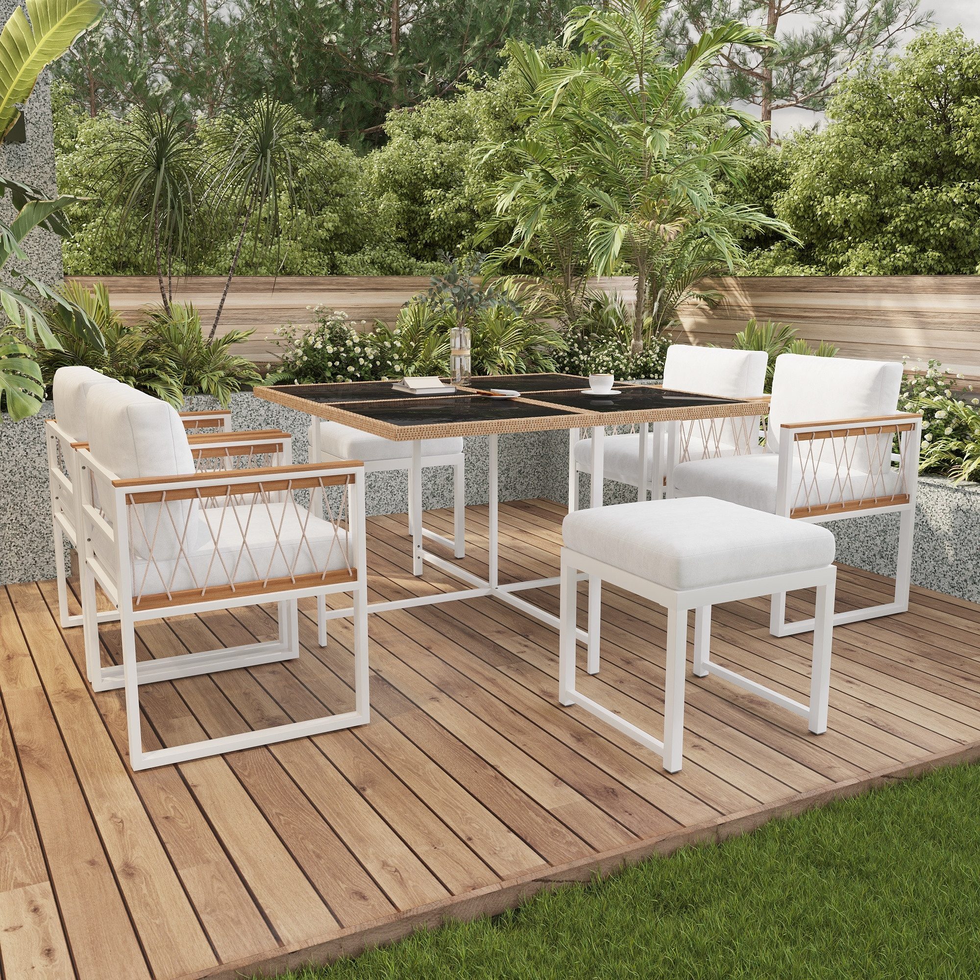 Merax Sitzgruppe aus Akazienholz und Polyratten, (7-tlg., Gartengarnitur Gartenlounge Balkonmöbel), Gartenmöbel-Set für 6 Personen, Essgruppe mit Sessel, Hocker & Tisch