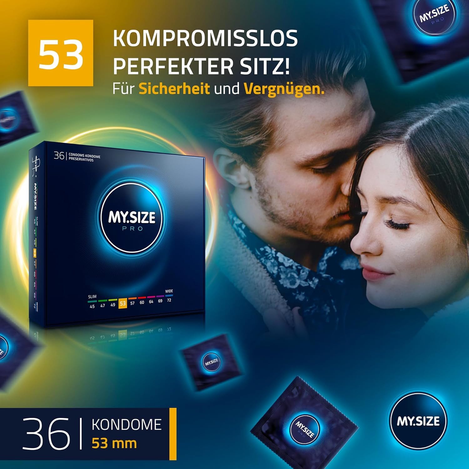 MY.SIZE Kondome PRO ELITE Kondome, 9 Größen, 45-72 mm, Schlank-XXXXL, Extra reines Vytex-Latex, leicht zu öffnen, hauchdünn 0,05mm