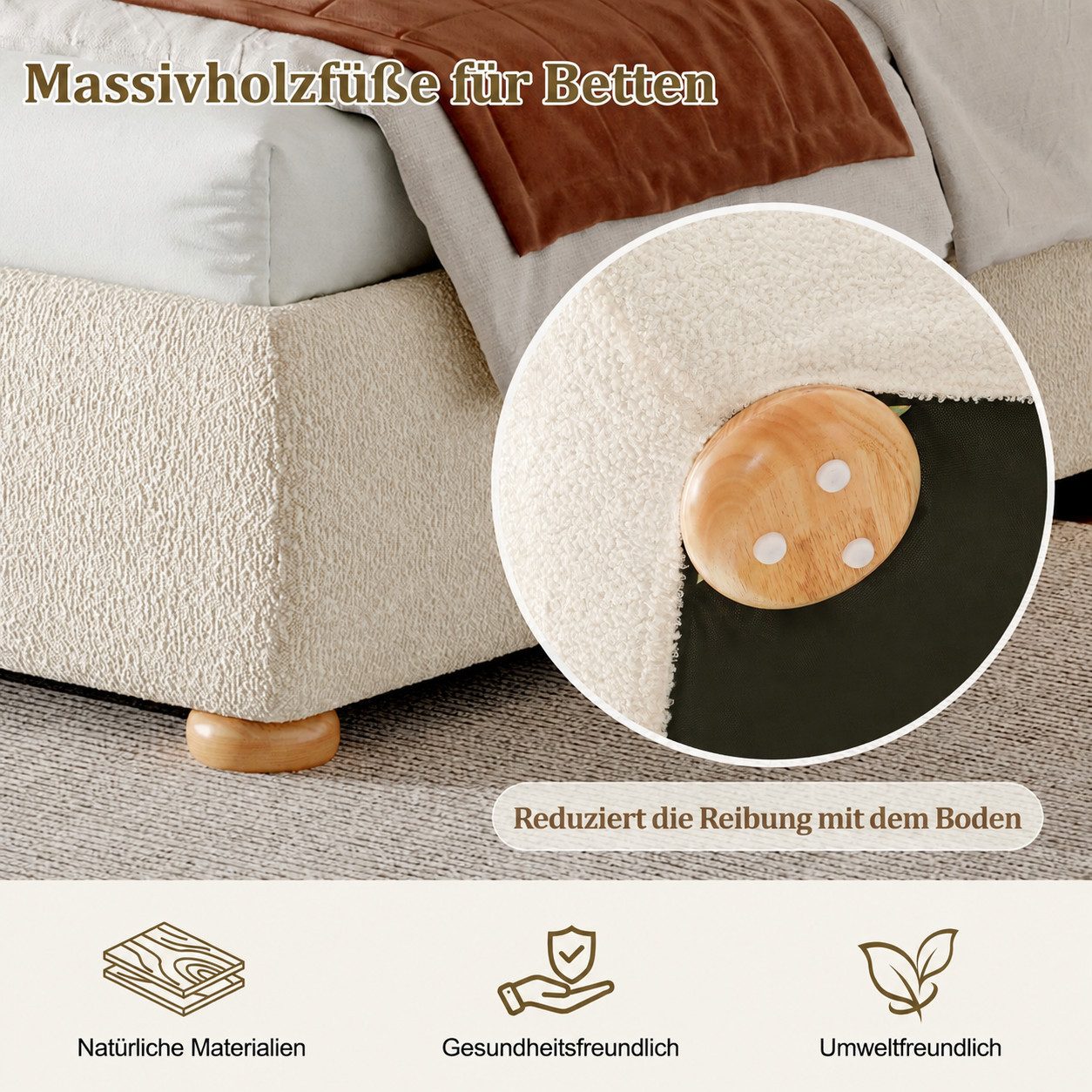 i@home Polsterbett Doppelbett mit Hydraulik-Bettkasten und Lattenrost (gepolstertes Kopfteil aus Bouclé in Beige, 1-tlg., 140x200/160x200 cm), Stauraumbett für  – Bild 4 von 5