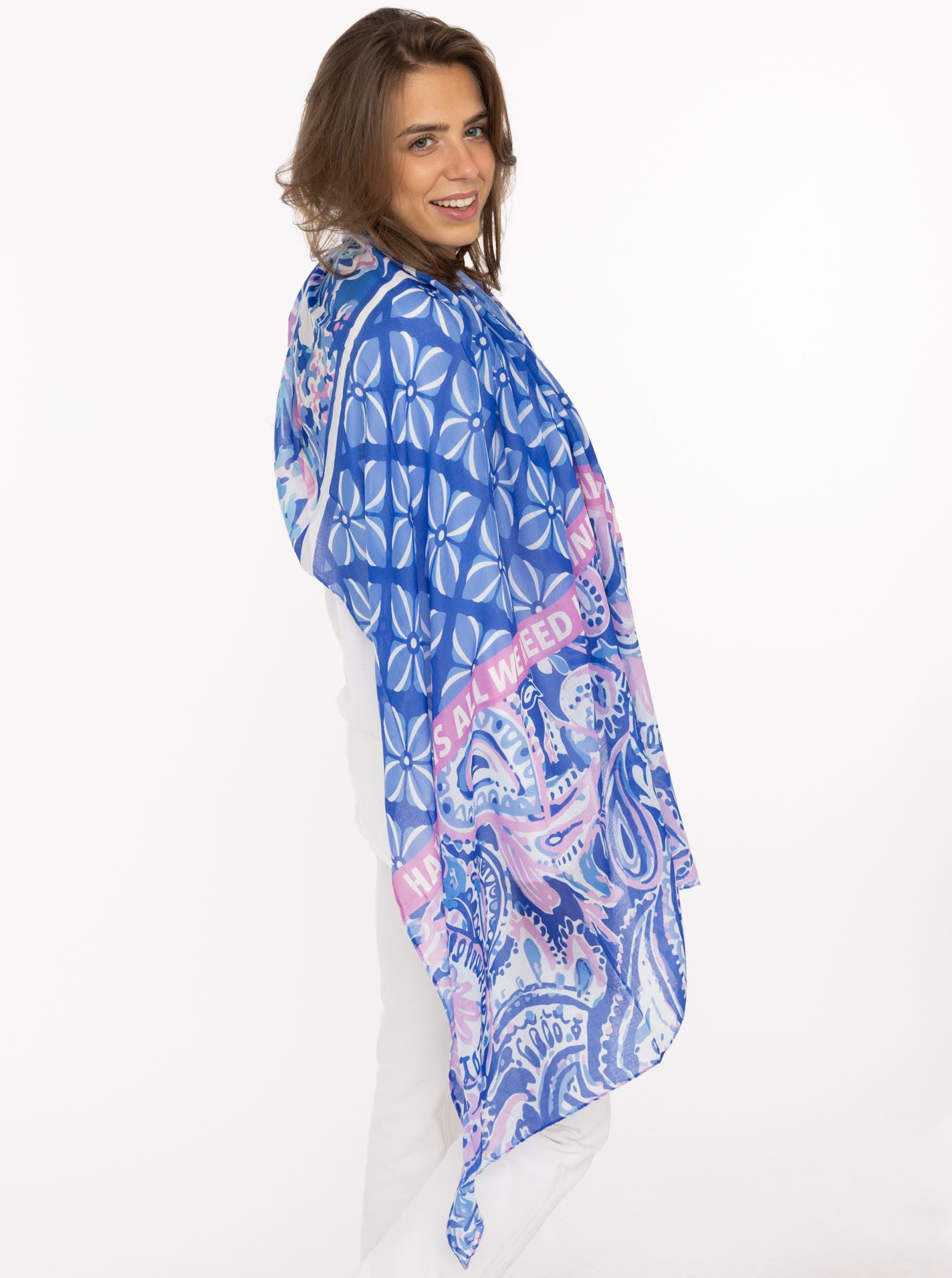 Zwillingsherz Schal "Happiness is all we need", Florales Mustermix, transparent