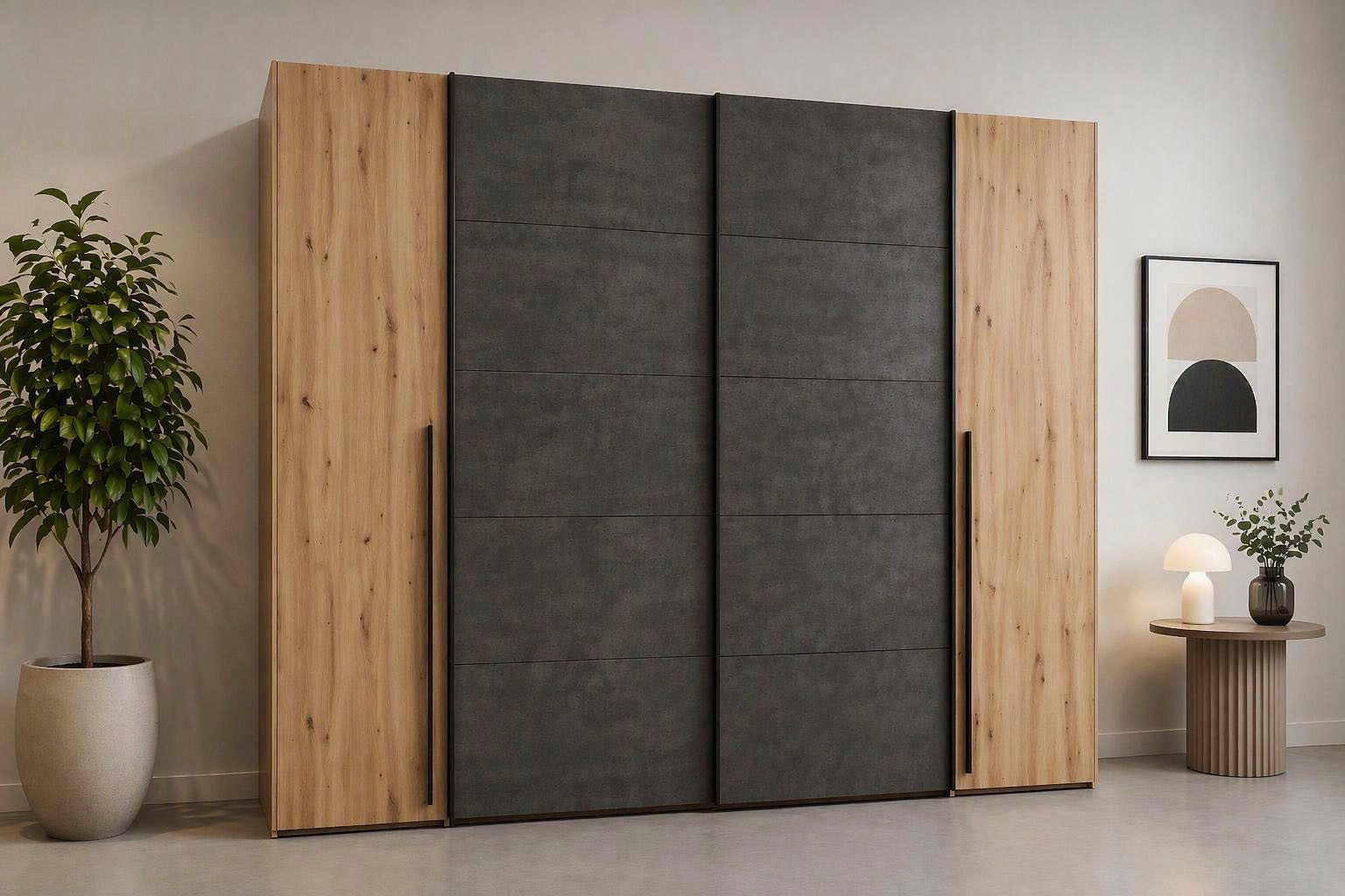 FORTE Kleiderschrank Narago, Kombischrank, Paneele wechselbar (B/H/T ca. 270/210/61cm) Kombination aus Schwebetüren mit seitlichen Drehtüren, Made in Europe