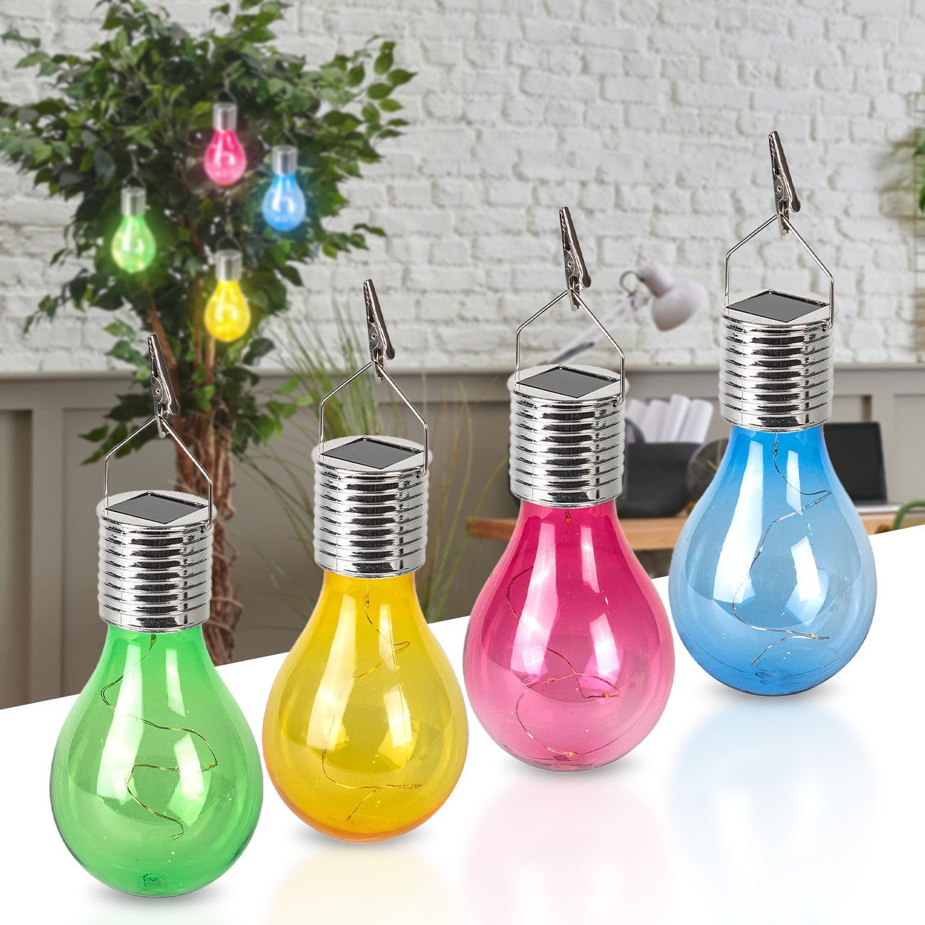 Casativo LED-Lichterkette Solar LED-Lampen Glühbirnen Deko Partyleuchte Gartenlampe je Ø7,5 cm, mit Dämmerungssensor & Klemme zum Aufhängen/kabellos