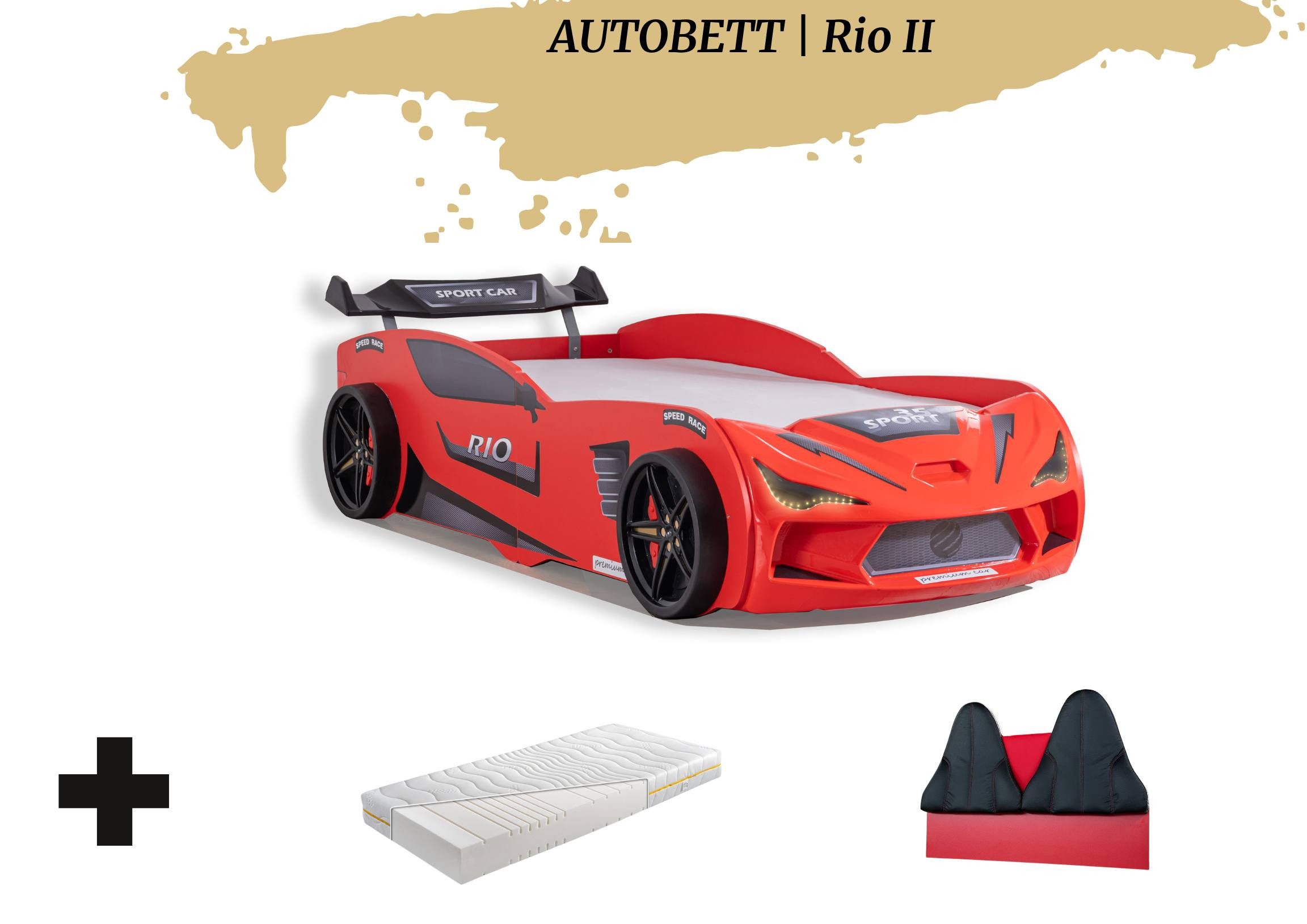 Aileenstore Autobett Rio II (3 teilig), Kinderbett 90 x 200 cm, inkl. Lattenrost, Heckspoiler LED-Beleuchtung