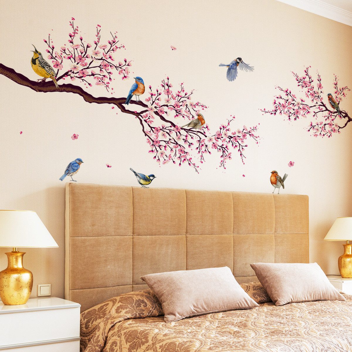Zyronn Wandtattoo Hängende Rebe Blumen Wandaufkleber Blüten Blätter Vögel Wandsticker, Wohnzimmer Schlafzimmer Badezimmer Sofa Hintergrund Wanddeko