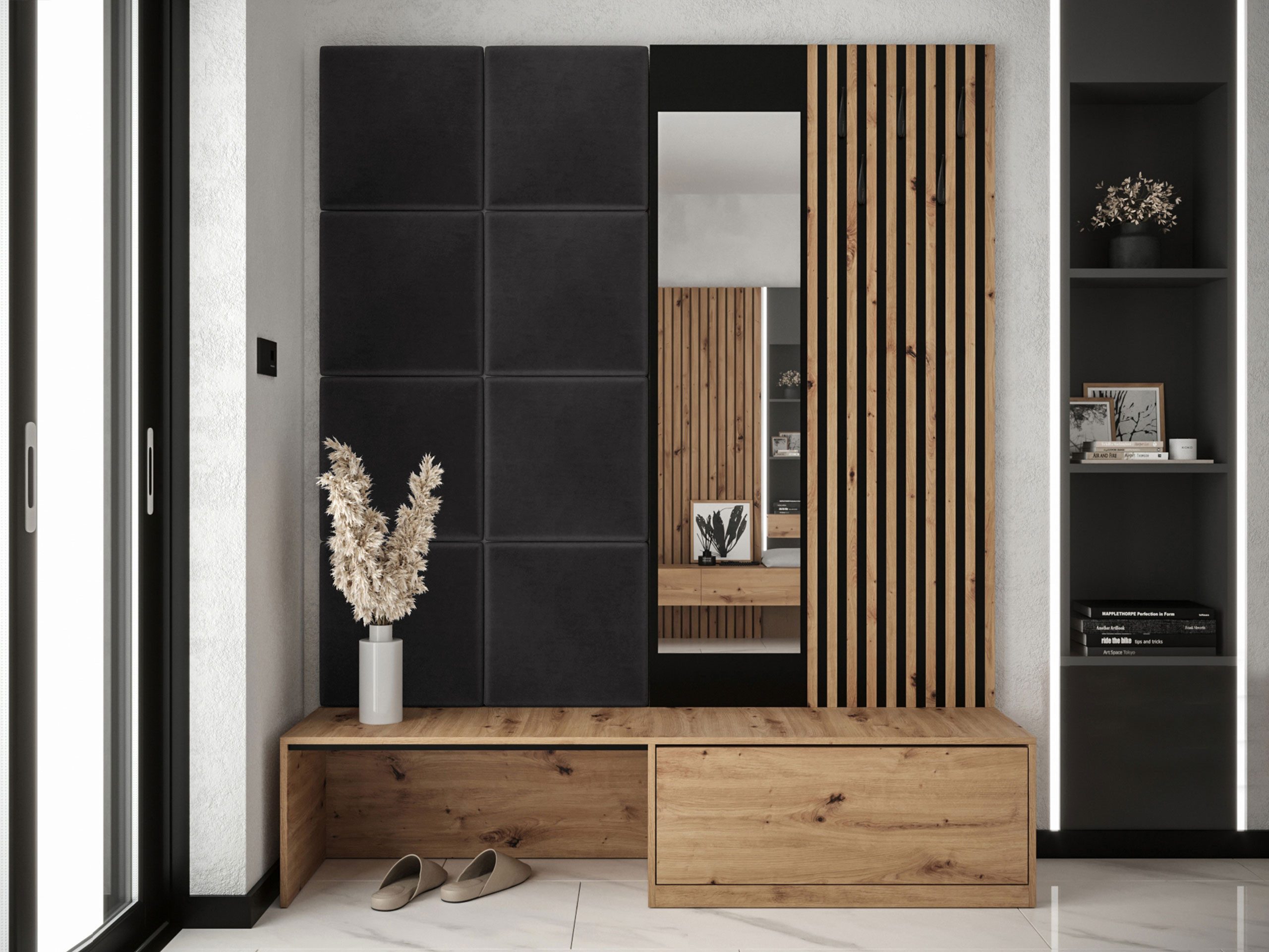MIRJAN24 Garderoben-Set Premium, (Komplett-Set, Schuhschrank, Spiegel, Lamellen mit Kleiderhaken + Paneel 42x42), Griffloses Öffnungssystem