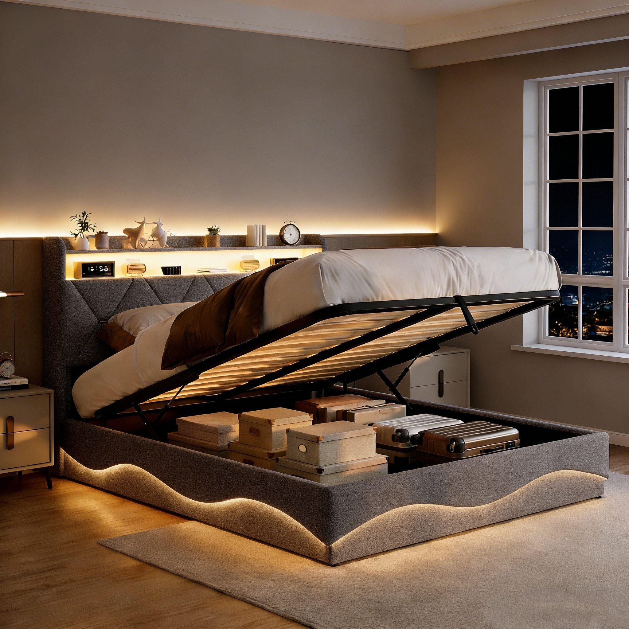 PXloue Polsterbett LED Doppelbett, Bettkasten, Ladefunktion, Samt, 160x200 cm