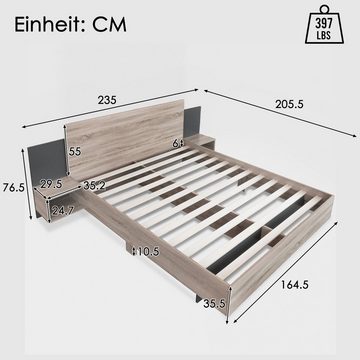 HAUSS SPLOE Massivholzbett Doppelbett Holzbett Polsterbett Bettrahmen (2 Nachttischen Schlafzimmer Komplett, 205.5x235x76.5 cm(T/B/H) Set in Eiche Sonoma/Dunkelgrau), mit 2 Nachtkommoden Modernes Bett inkl