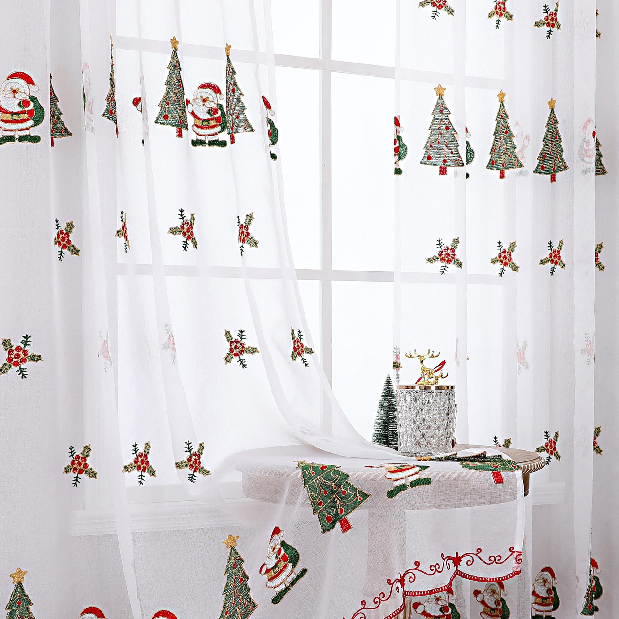 FOUORTUNATE-BEE Vorhang Weihnachtsvorhänge 2er-Set 130×245 cm mit gesticktem Deko-Motiv, Transparente Weihnachtsvorhänge mit Baum- und Santa-Stickerei – Bild 4 von 5