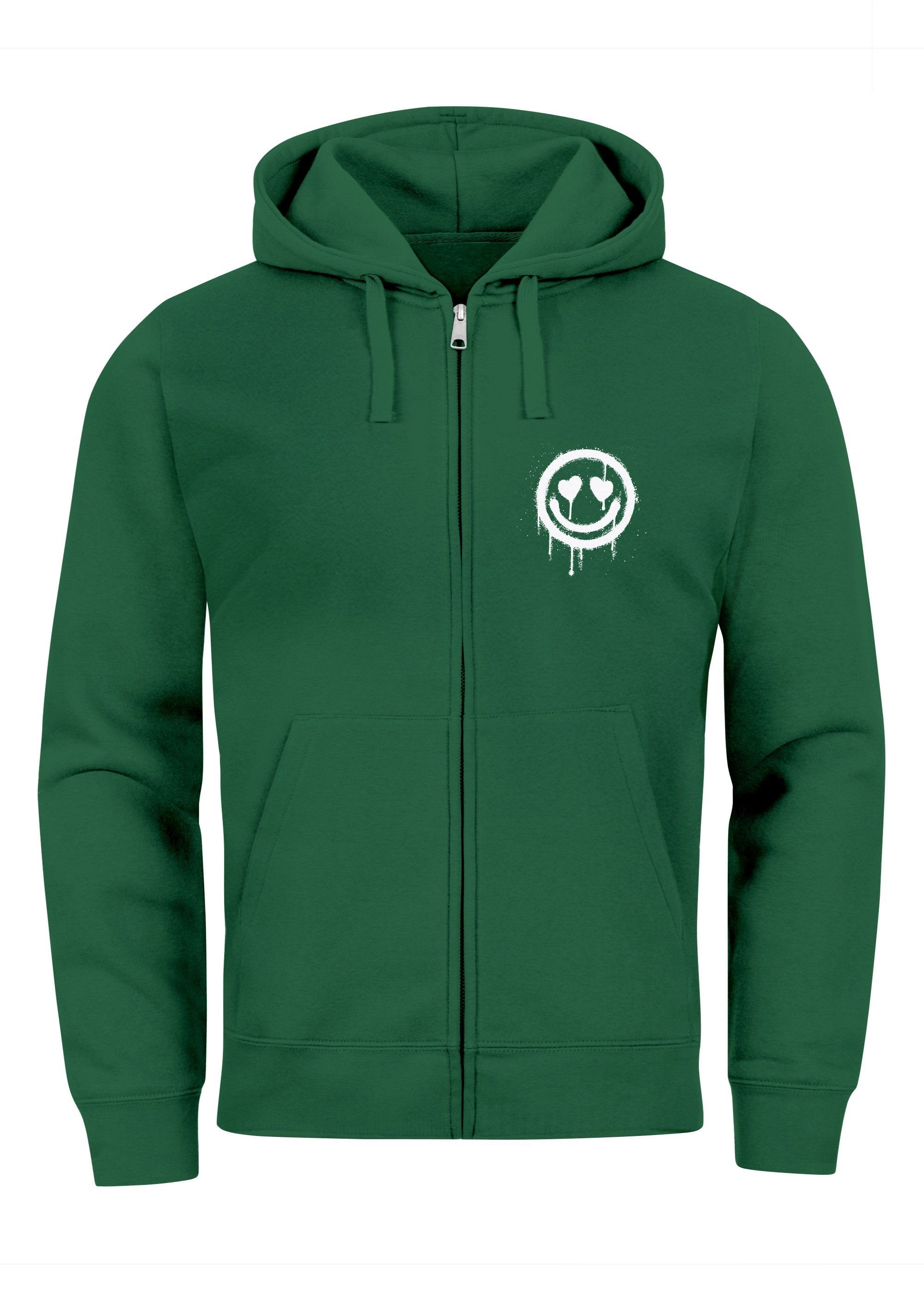 Neverless Sweatjacke Sweatjacke Herren Print bottle-green Drip Kapuze Aufdruck mit Smile Face Zip-Hoodie