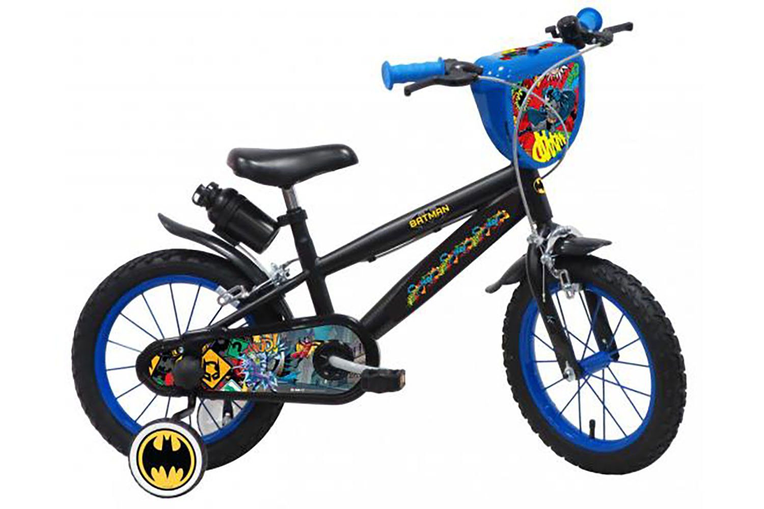 TPFSports Kinderfahrrad DC Batman Fahrrad 14 Zoll, 1 Gang, (Jungs Fahrrad - Rutschfeste Sicherheitsgriffe), Kinder Fahrrad 14 Zoll mit Stützrädern - Schwarz | Kinderfahrräder