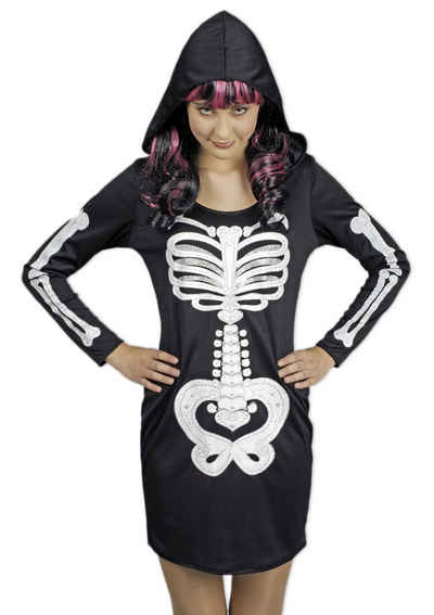 Das Kostümland Hexen-Kostüm Skelett Kleid mit Kapuze für Damen - Geisterkostüm