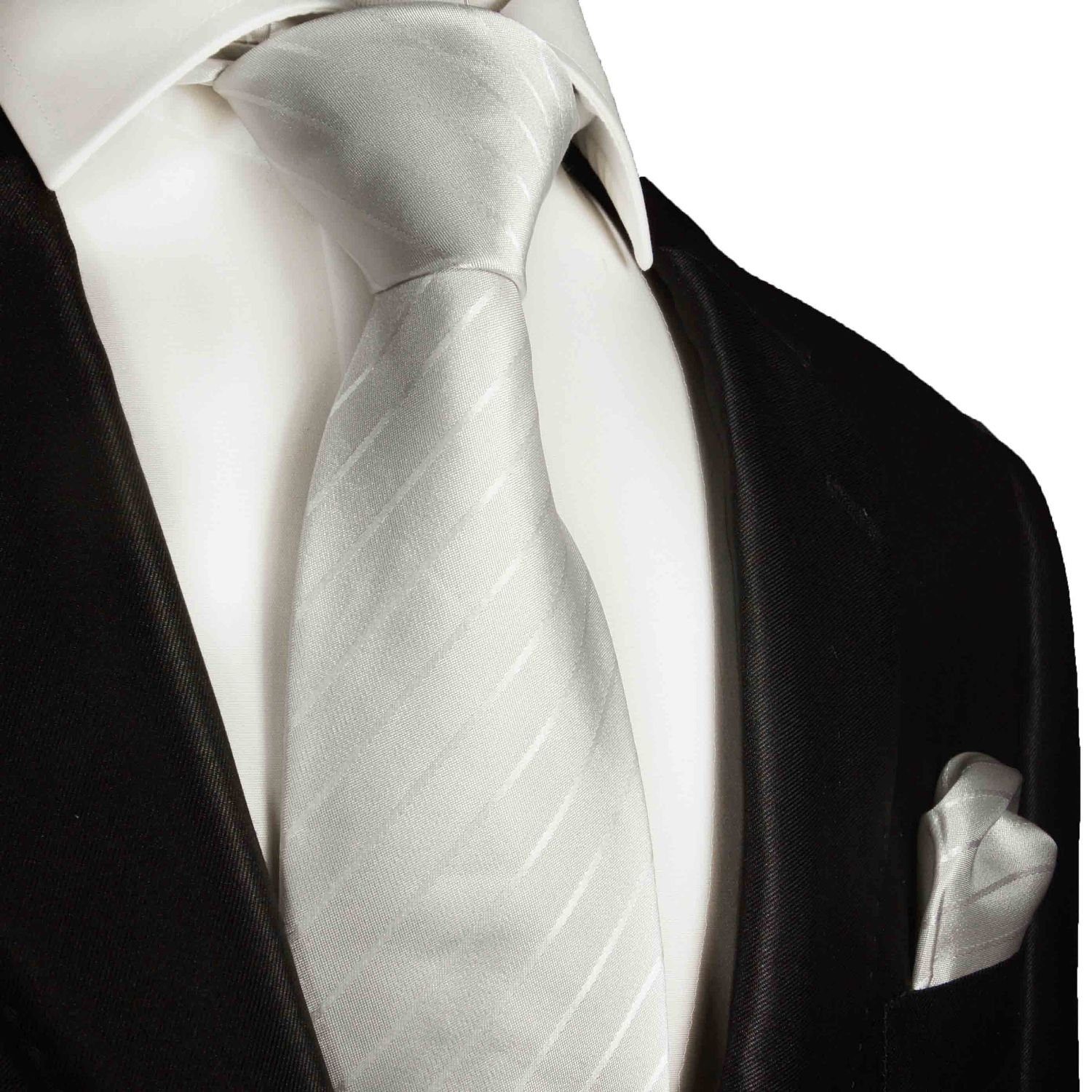 Tuch Herren mit (Set, Einstecktuch) 100% Krawatte 2-St., (6cm), Schmal Paul weiß 992 Krawatte Seide Malone gestreift und Seidenkrawatte ivory