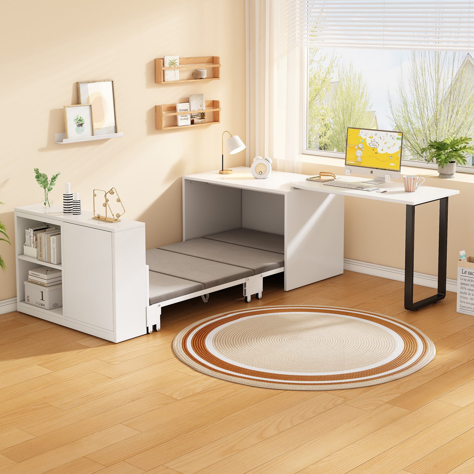 Merax Schreibtisch 2-in-1 Eckschreibtisch auf Rollen, mit Klappbett, Matratze (1-St., Metallgestell Bürotisch für kleine Wohnungen), Schreibtisch mit 2 Staufächer