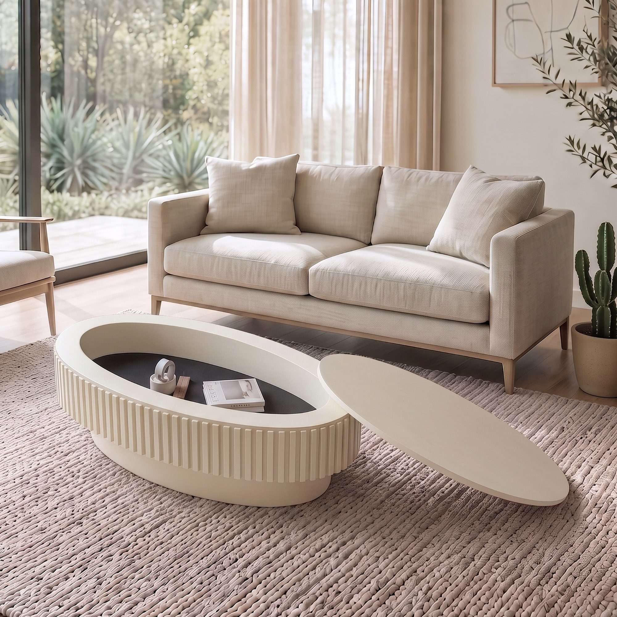 Celya Couchtisch 98 cm Ovaler Cocktailtisch mit verstecktem Stauraum (aus Massivholzfurnier, einfache Montage in 5 Minuten)