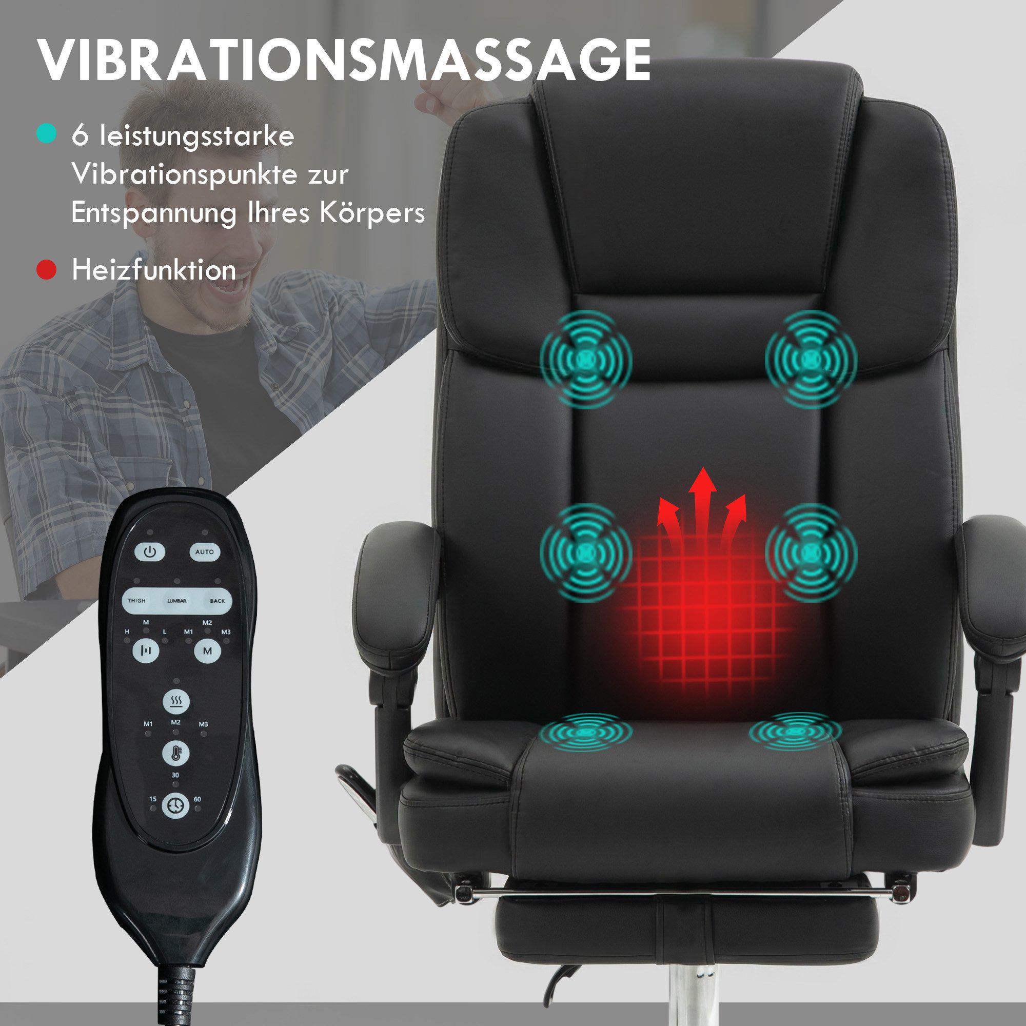 Vinsetto Schreibtischstuhl Bürostuhl mit Massage-, Heiz-, Liegefunktion (Chefsessel, 1 St), mit Fußstütze, Seitentasche, Kunstleder, Schwarz – Bild 4 von 5