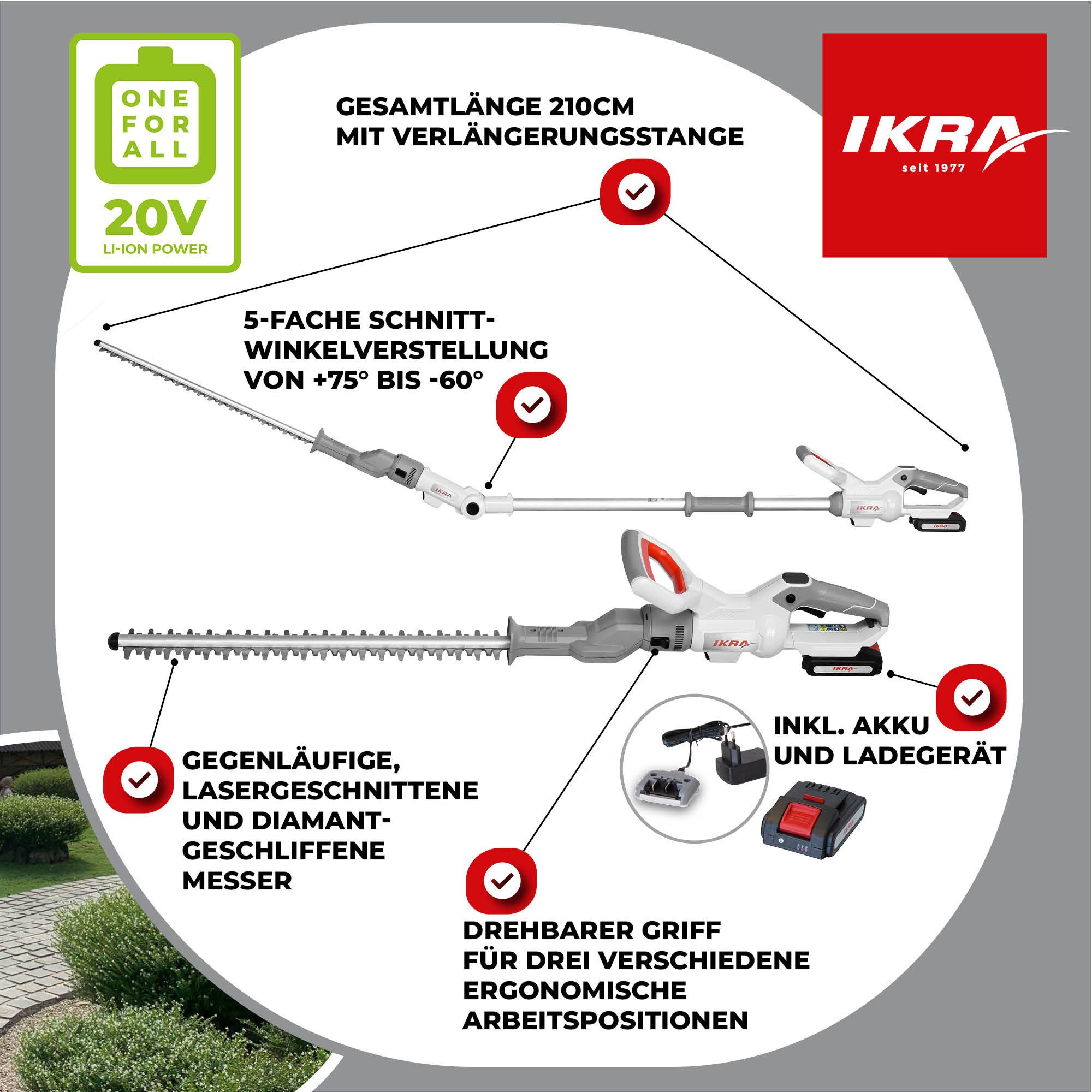 ikra GmbH Teleskop-Heckenschere ICPH 2050, bis 2,10 m Arbeitshöhe, 20 V, Praktische 2in1-Funktion (klassisch oder als Teleskop)