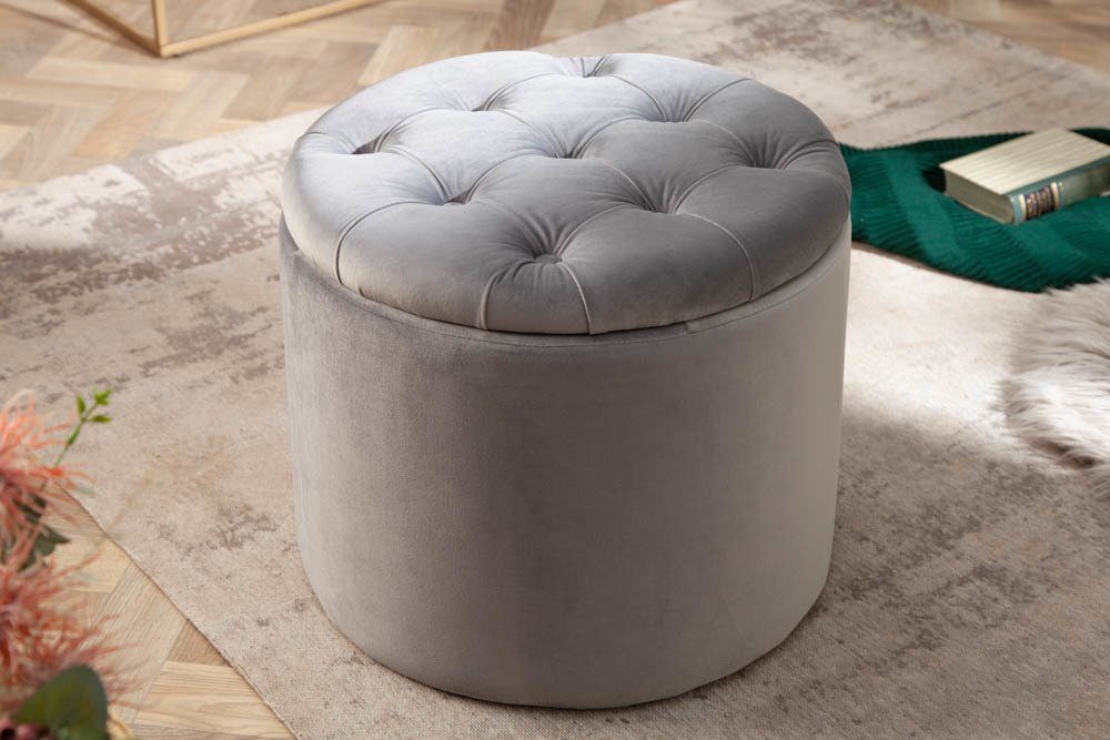 riess-ambiente Hocker MODERN BAROCK 50cm silbergrau, Wohnzimmer · Samt · mit Stauraum · Aufbewahrungkorb
