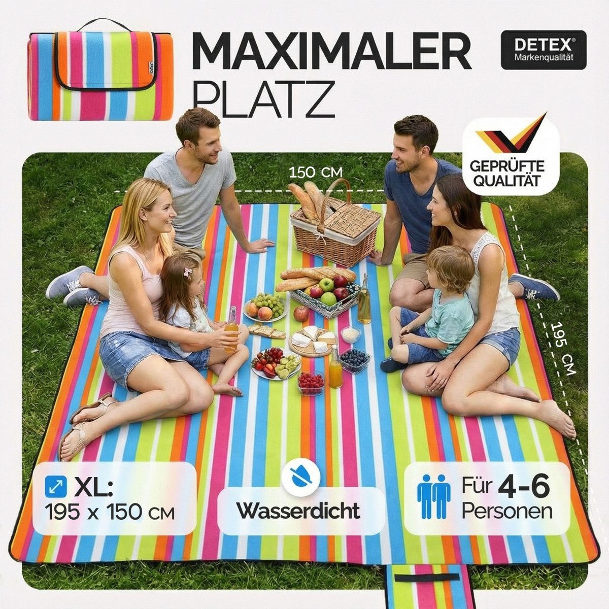 Picknickdecke, Detex, XL 195x150 cm Wasserdicht Wärmeisoliert 2-4 Personen Bunt