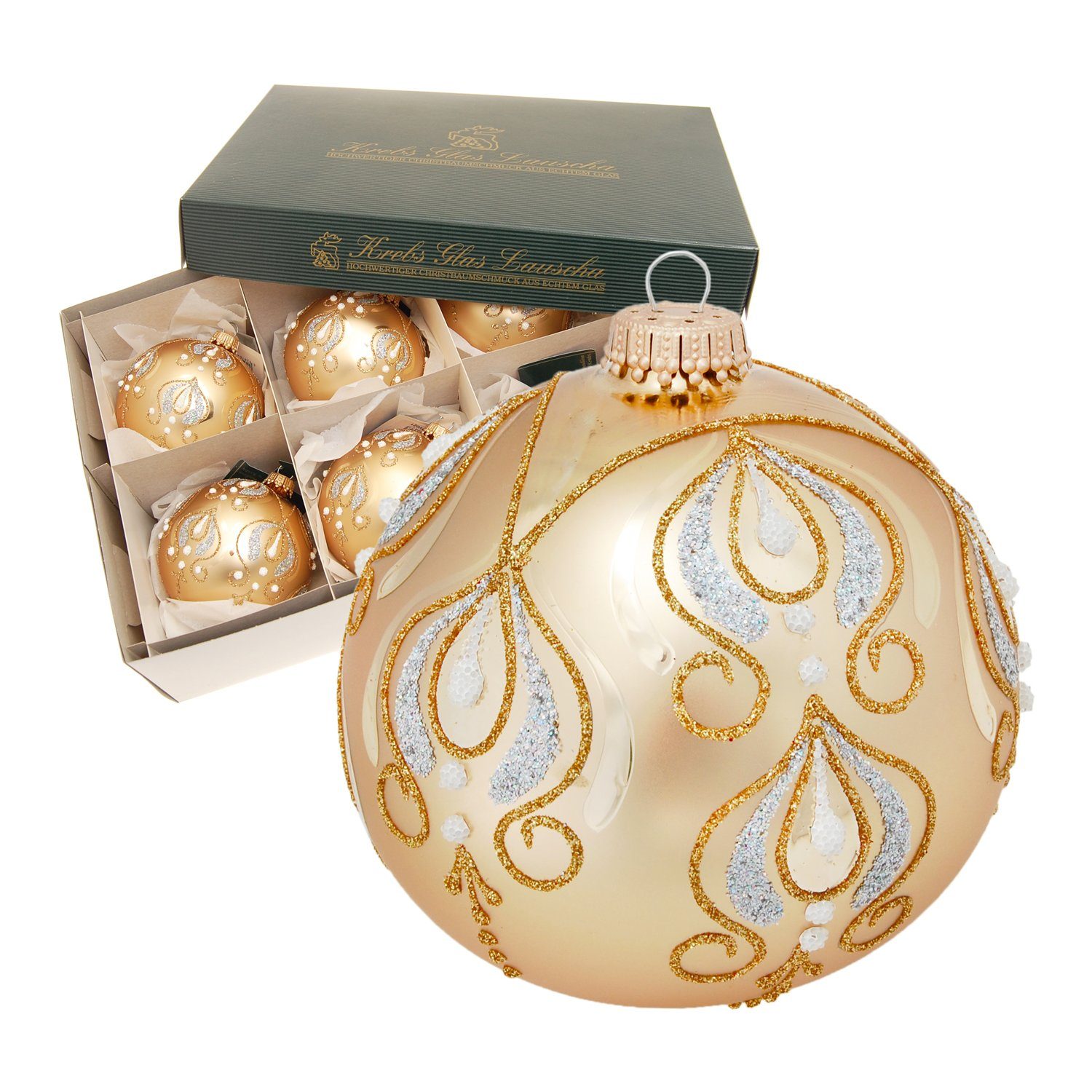 (6 Glaskugel Lauscha Christbaumschmuck mundgeblasen Gold Stück) Krebs handdekoriert Glas 8cm matt und (6-tlg)