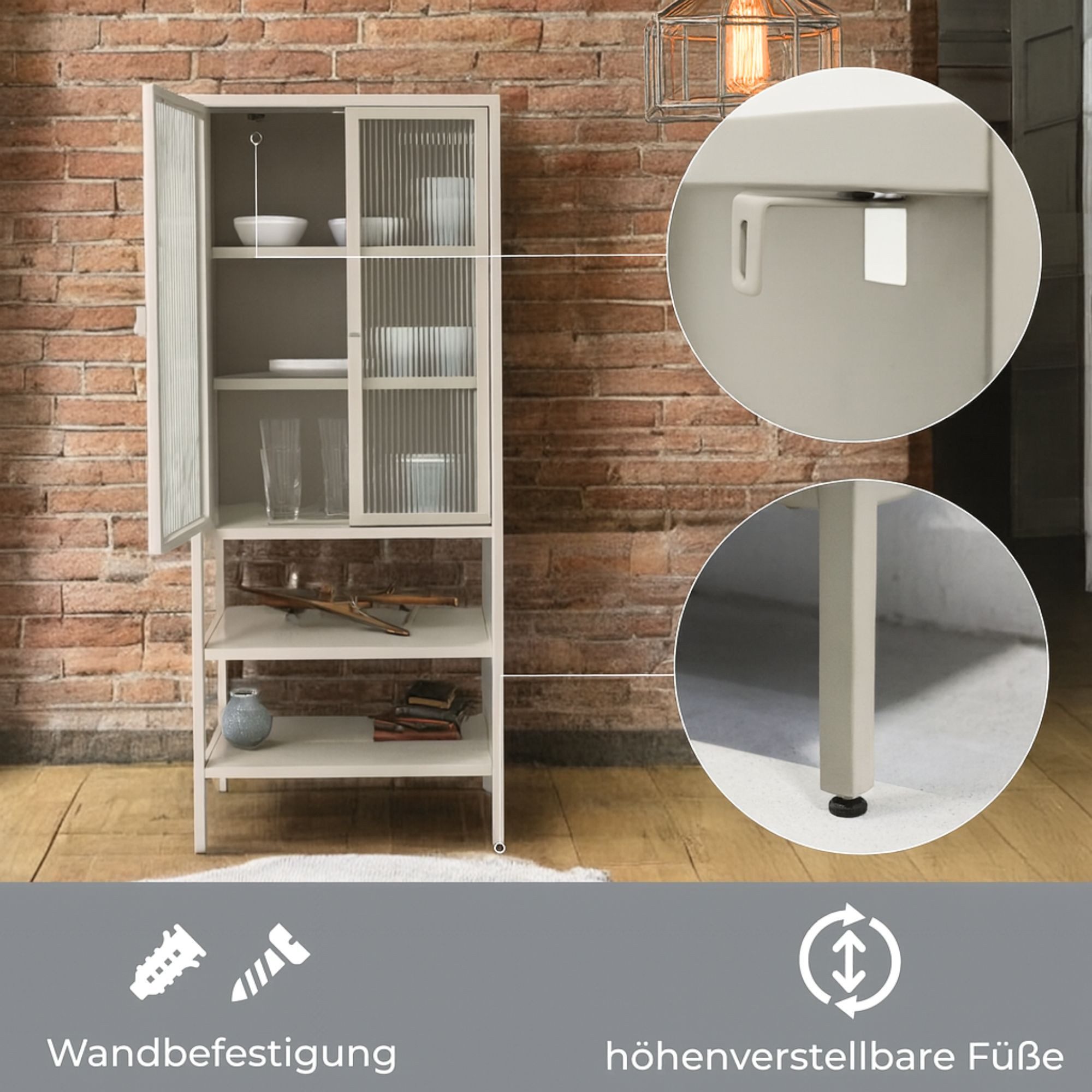 osoltus Sideboard osoltus Vitrine Schrank Riffelglas Stahl Warm Grey Industrial 60 x 35 – Bild 4 von 5