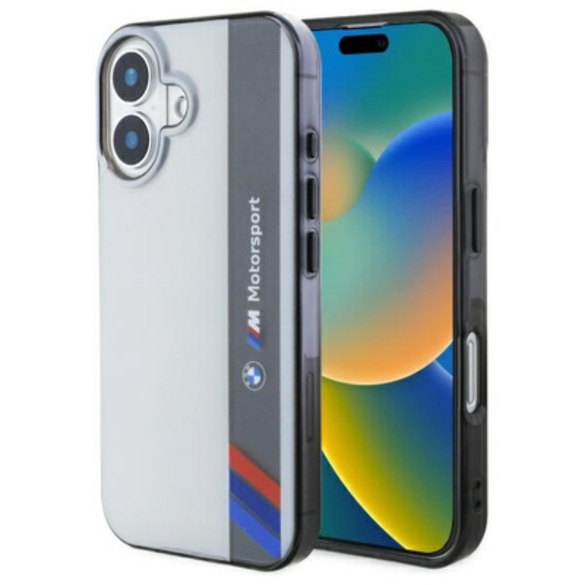 BMW Handyhülle Motorsport Vertical mit Magnetfunktion Kompatibel mit iPhone 16 Grau 6,1, Sportliches IML mit vertikalem Motorsport Streifen und Magnetfunktion