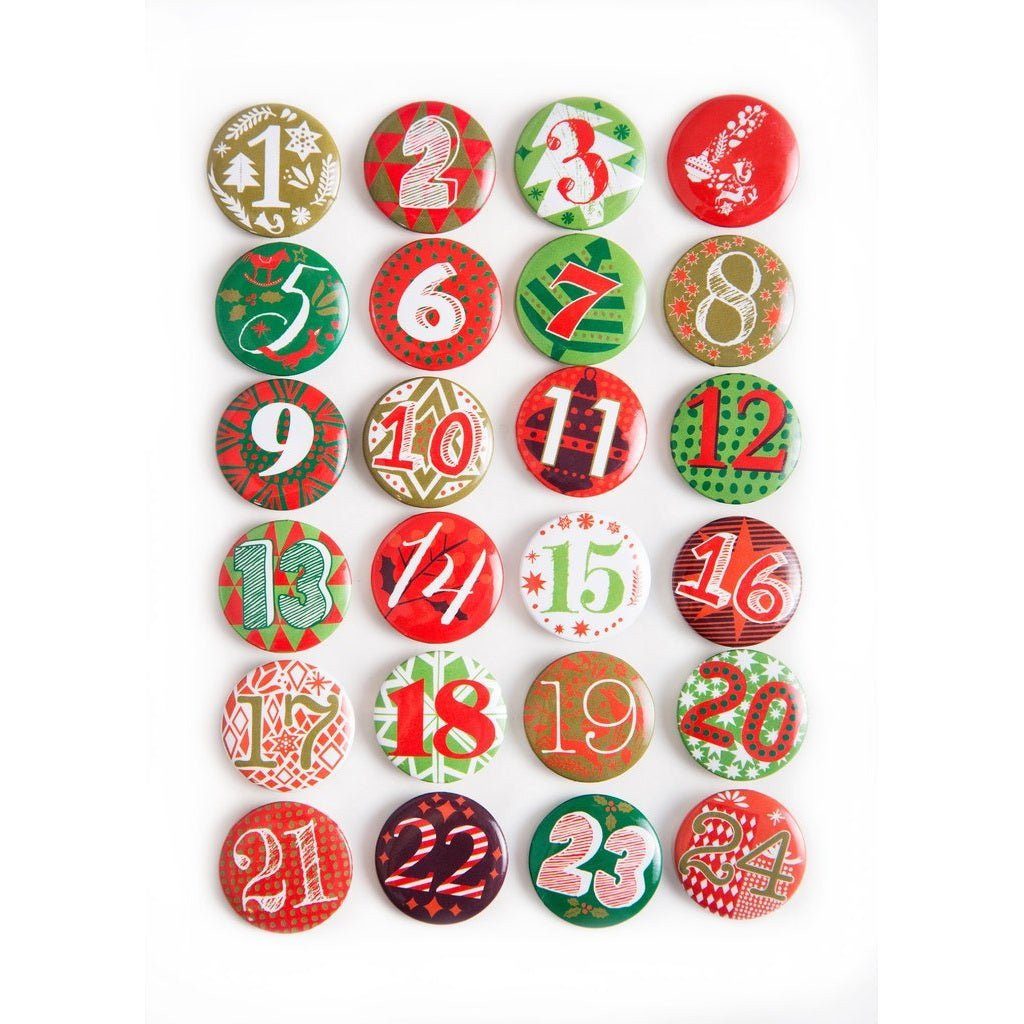 Logbuch-Verlag Dekofigur 24 Adventskalender Buttons aus Blech mit Zahlen 1 - 24 - rot grün -