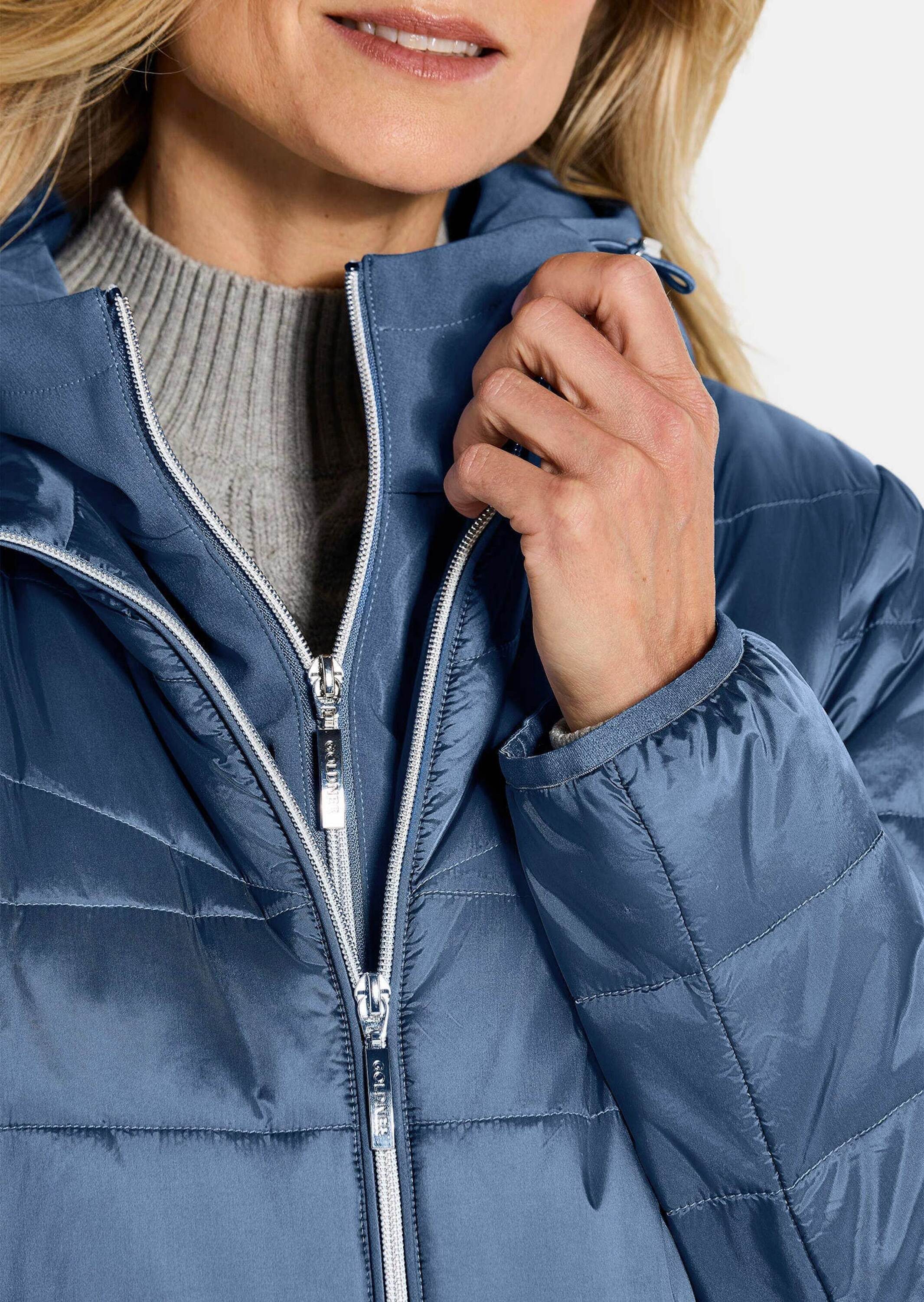 GOLDNER Kurzmantel Kurzgröße: Wintermantel mit Softshell-Einsatz Kapuzenjacke mit 2-Wege-Reißverschluss, Taschen und Langarm