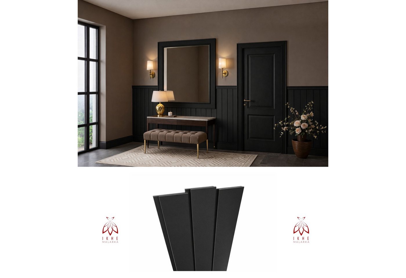 IKHEMalarka Wandpaneel Landhausstil – Boiserie Wandverkleidung Flurdekoration, BxL: 12x100 cm, 0,12 qm, (1 Meter Lang, kombinierbar mit Abschlussleiste) aus hartem Polystyrol (PS)