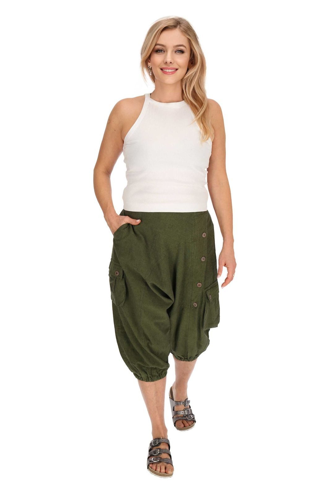 KUNST UND MAGIE Haremshose Kurze Aladin Hose Unisex 3/4 Baggy Pants Hippie Baumwoll Haremshose