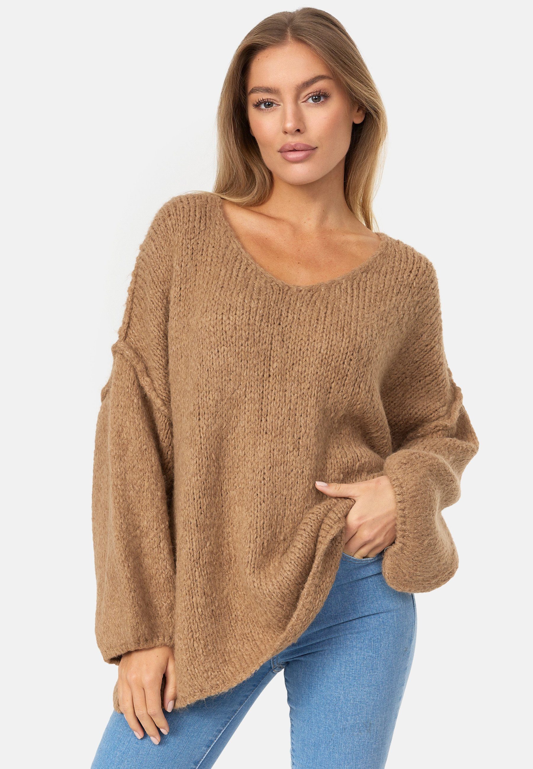 Decay Strickpullover mit femininem V-Ausschnitt camelfarben