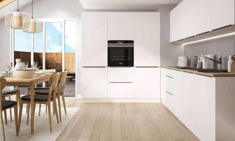 Feldmann-Wohnen Winkelküche Bonn, 300x180x207cm; Front und Korpus weiß matt; Küchenzeile mit Küchenblock