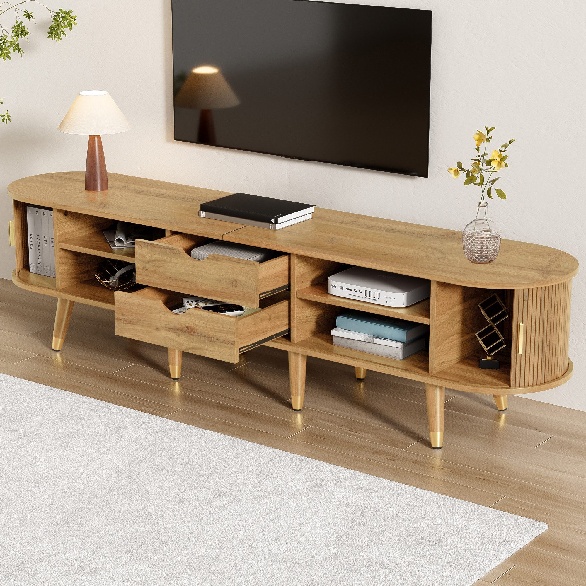 Merax Lowboard im Landhausstil mit Rattan-Schiebetür in Walnussoptik (1 St., 175 L x 38 B x 45 H), TV-Schrank mit offenen Fächern, Schubladen & Stauraum, Fernsehtisch