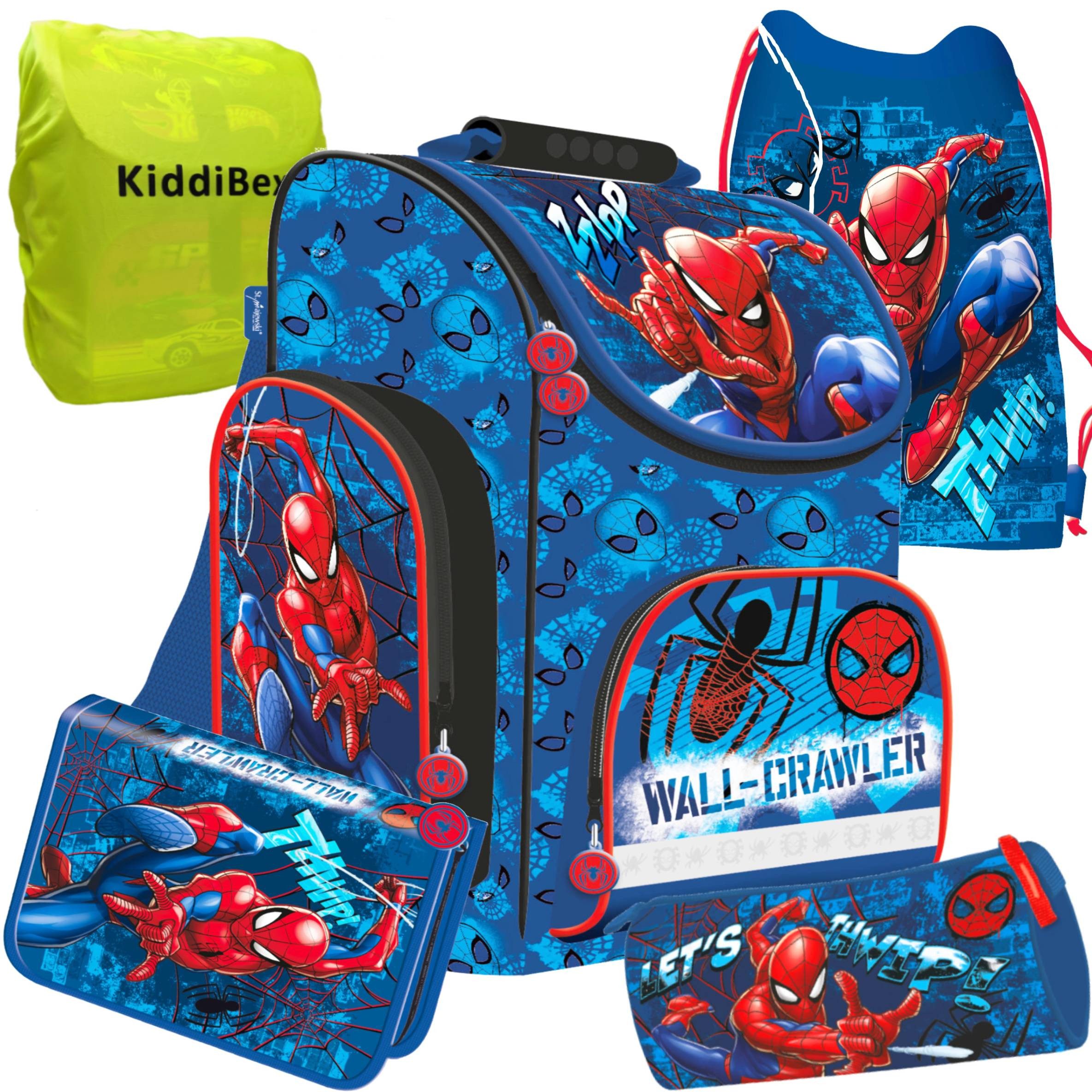 KiddiBex Schulranzen Spiderman 5tlg. oder 13tlg. (Set, 05-tlg., Tornister, Mäppchen, Turnbeutel & Regenschutz), Jungen 1. Klasse - Grundschule Ranzen - Ergonomischer Schulrucksack