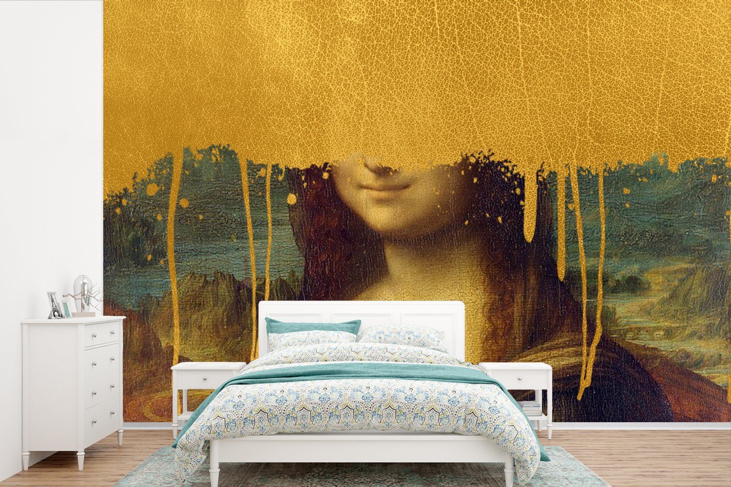 MuchoWow Fototapete Mona Lisa - Gold - Da Vinci, Matt, bedruckt, (6 St), Wallpaper für Wohnzimmer, Schlafzimmer, Kinderzimmer, Vinyl Tapete